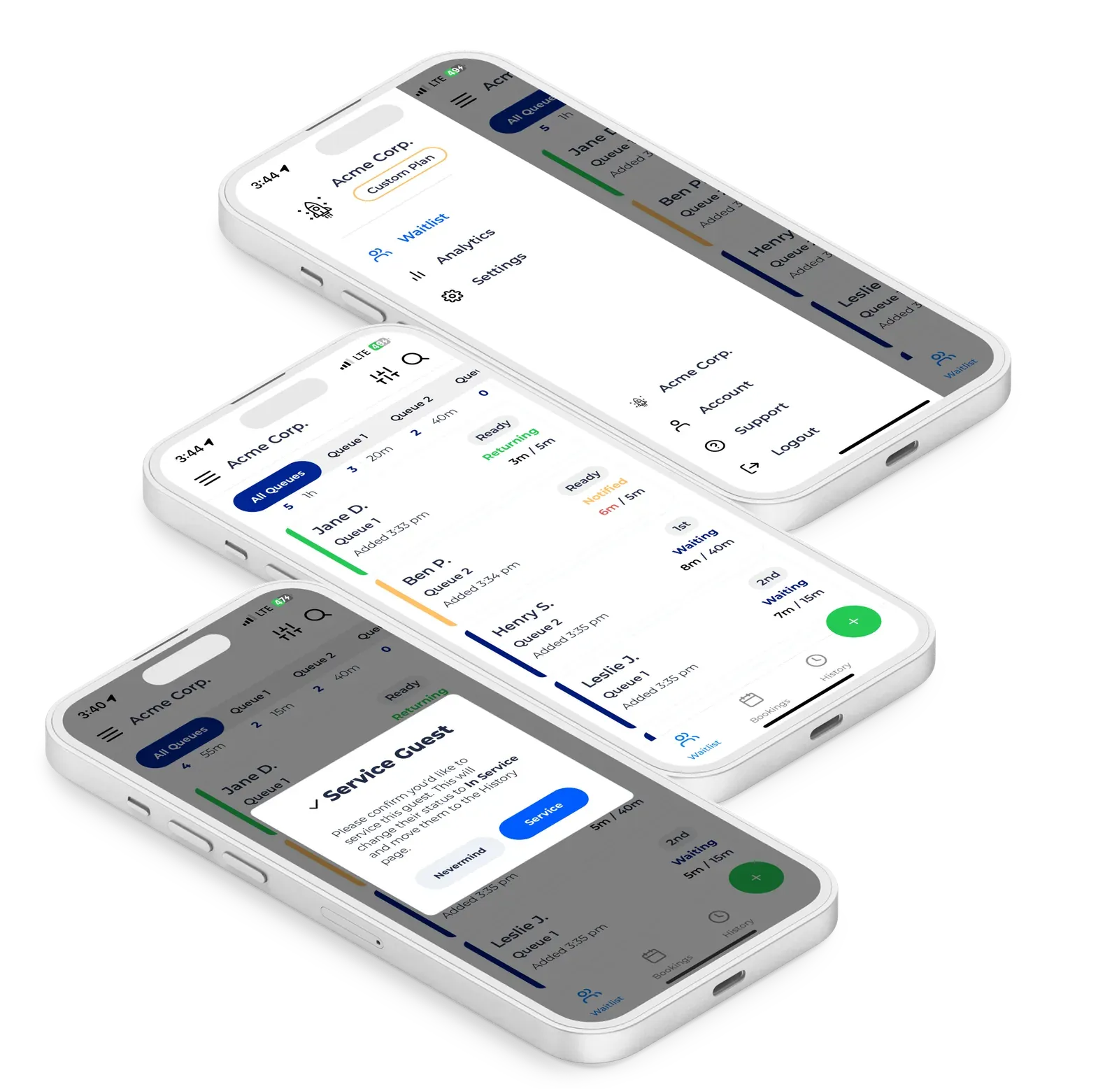 Live waitlist management for guest flow. Configurable queues, custom intake fields, estimated wait times, and analytics across service models and event environments.