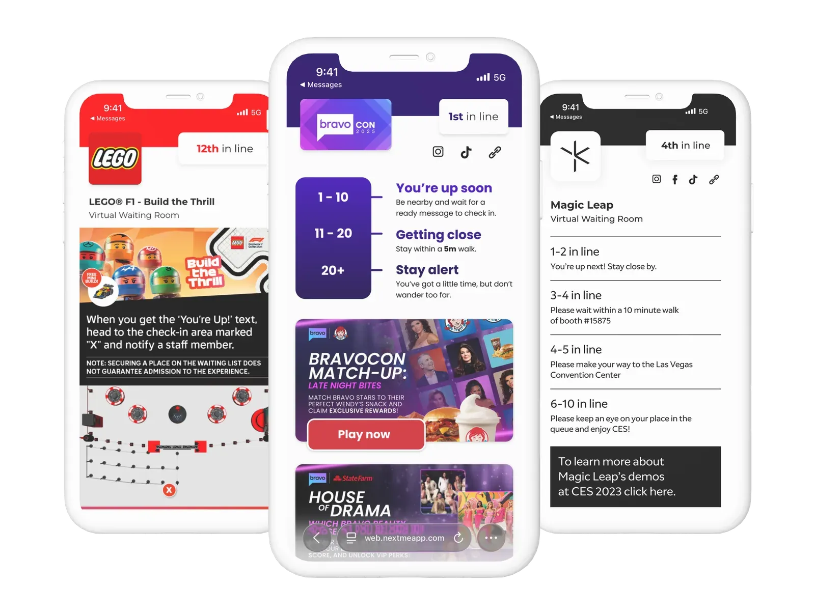 Branded web-based virtual waiting room. Guests can track their position and engage with brand content while they wait. For events, becomes engagement space with sponsorships, product carousels, games, polls, videos, social feeds, and maps.