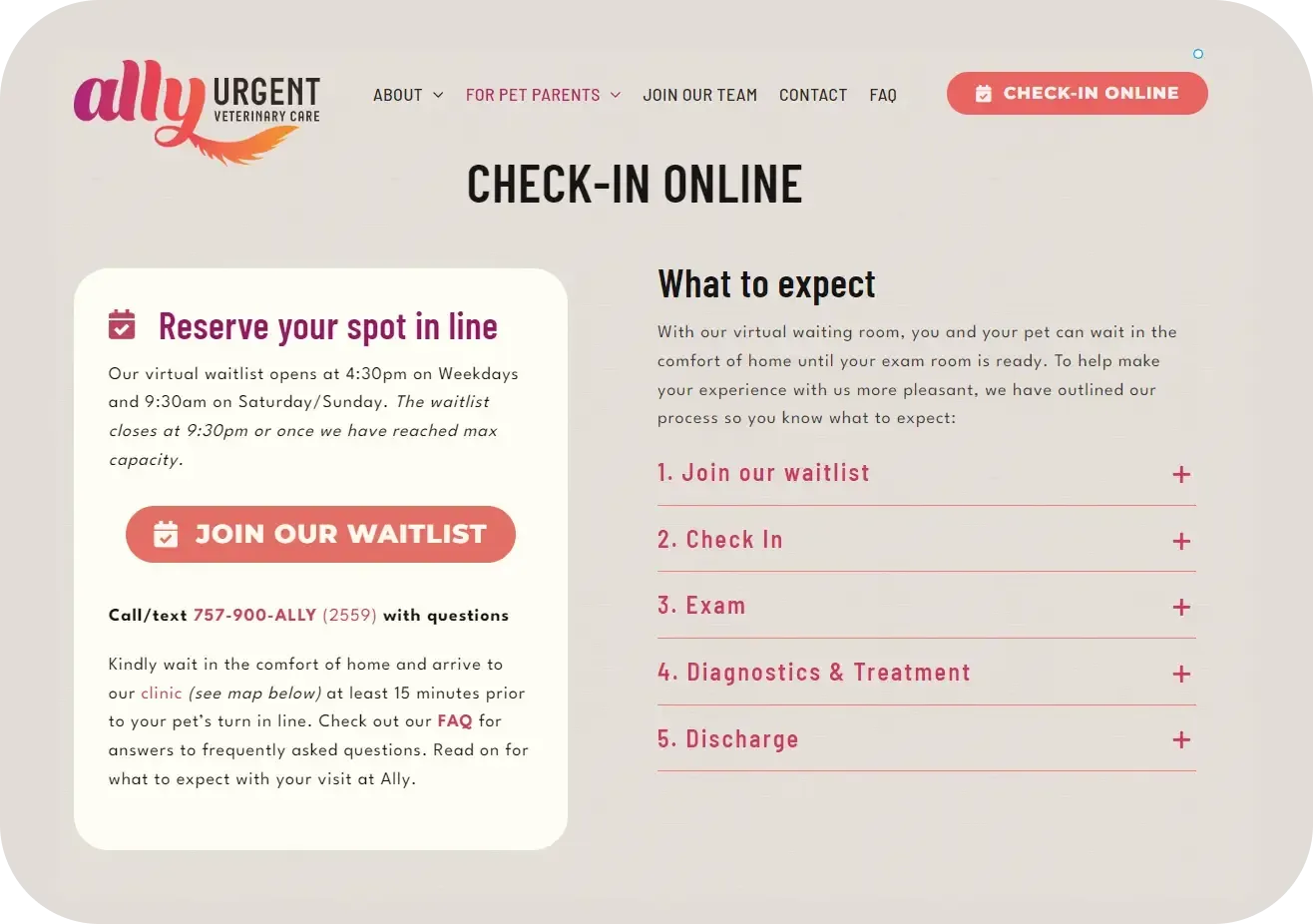 Ally Urgent Veterinary Care check-in page where pet owners join the virtual waitlist and see the steps of their visit