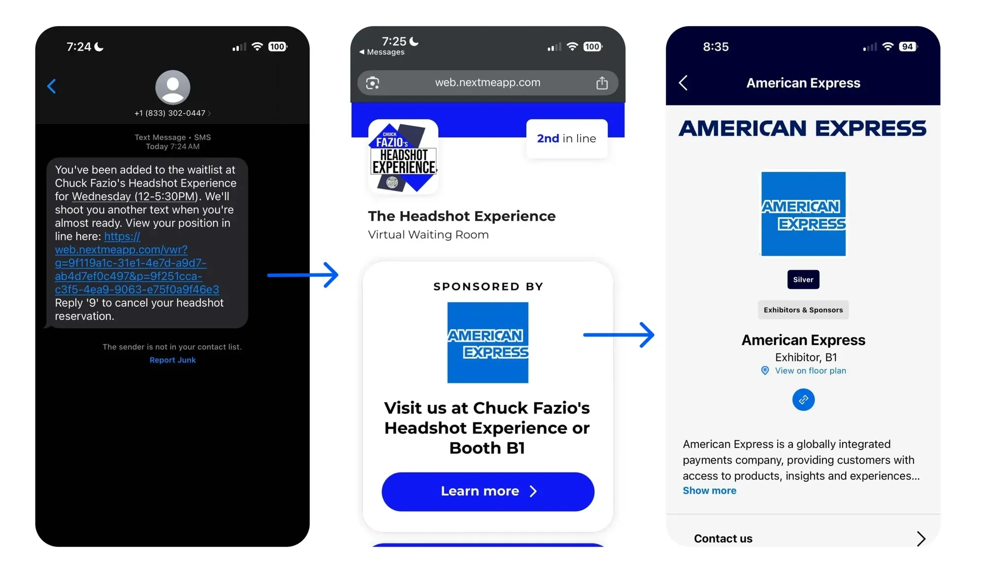 The American Express sponsor flow: the waitlist text, the Headshot Experience waiting room sponsored by American Express, and the sponsor’s page