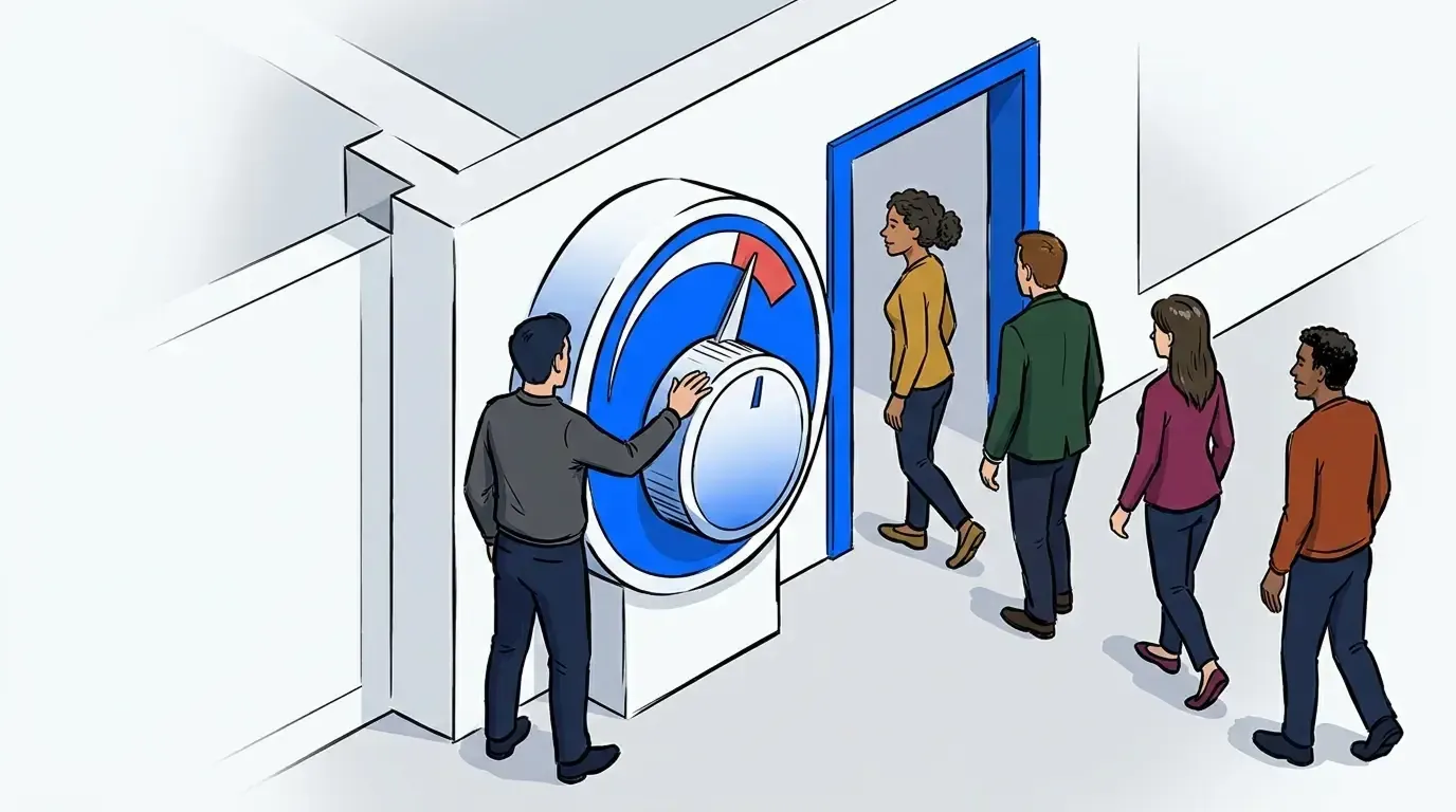 Editorial illustration of queue management as an operator sets a capacity dial that meters an orderly stream of guests into a venue