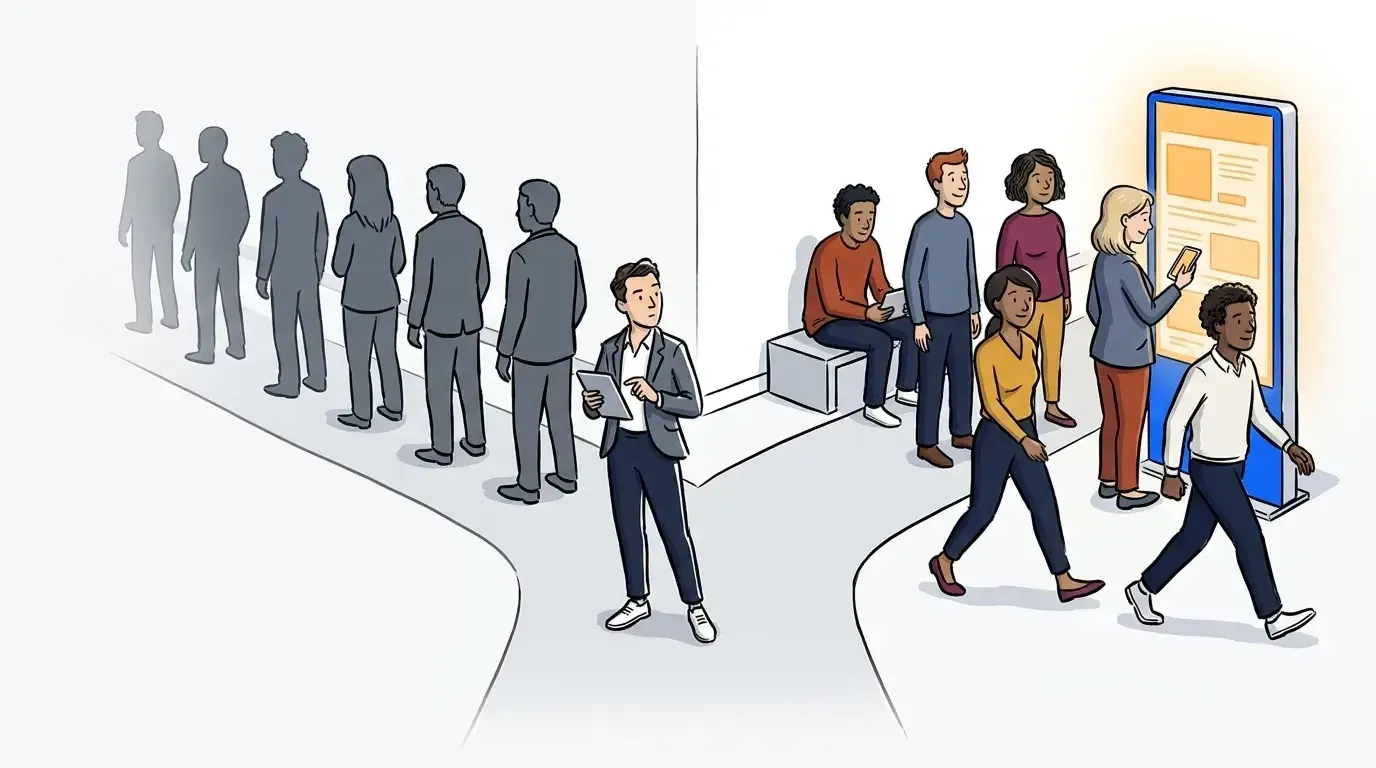 A queue forking into a plain gray line and a bright, engaged queue management system experience