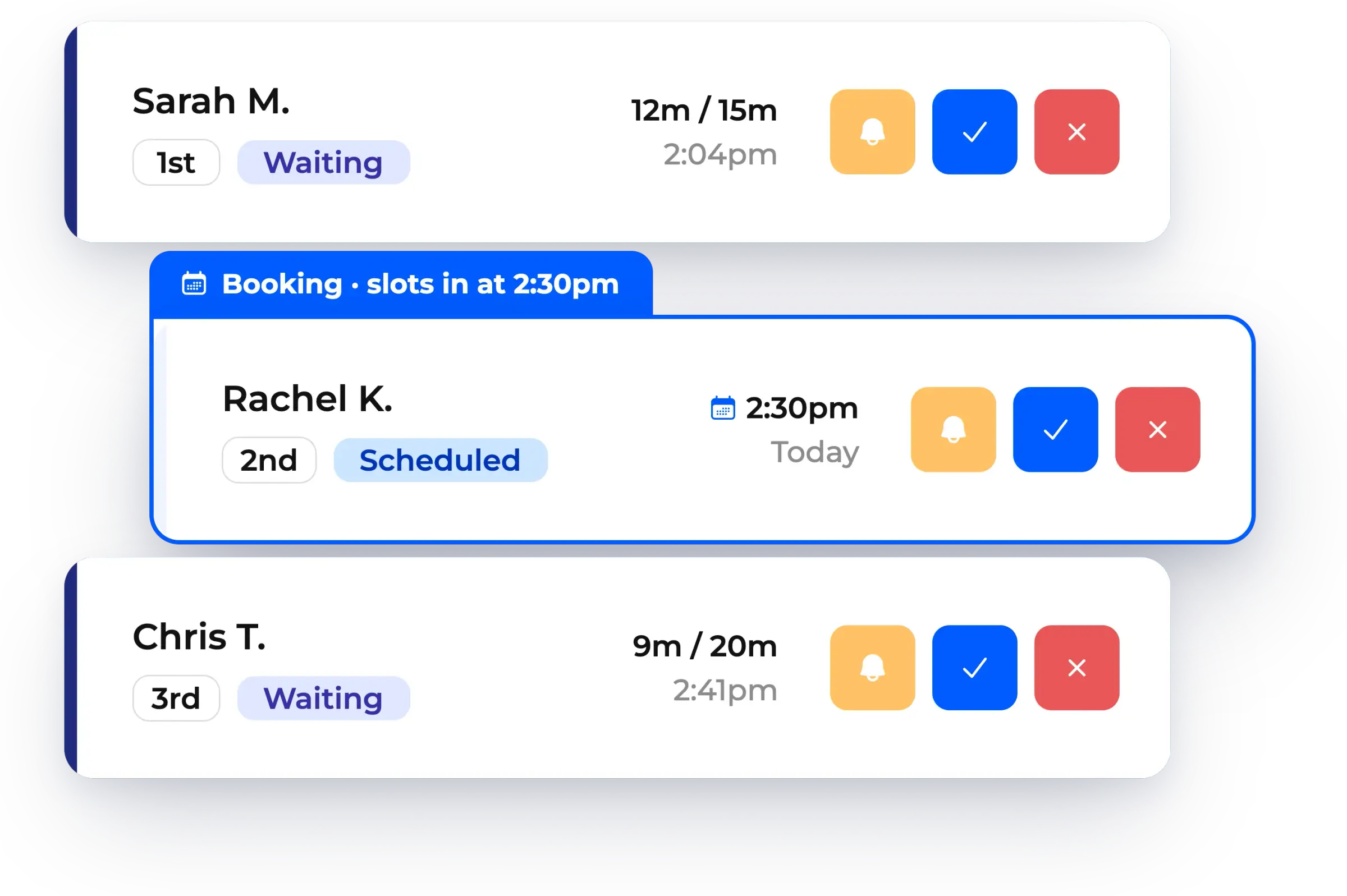 A booking slotting into the waitlist between walk-in guests, shown in NextMe