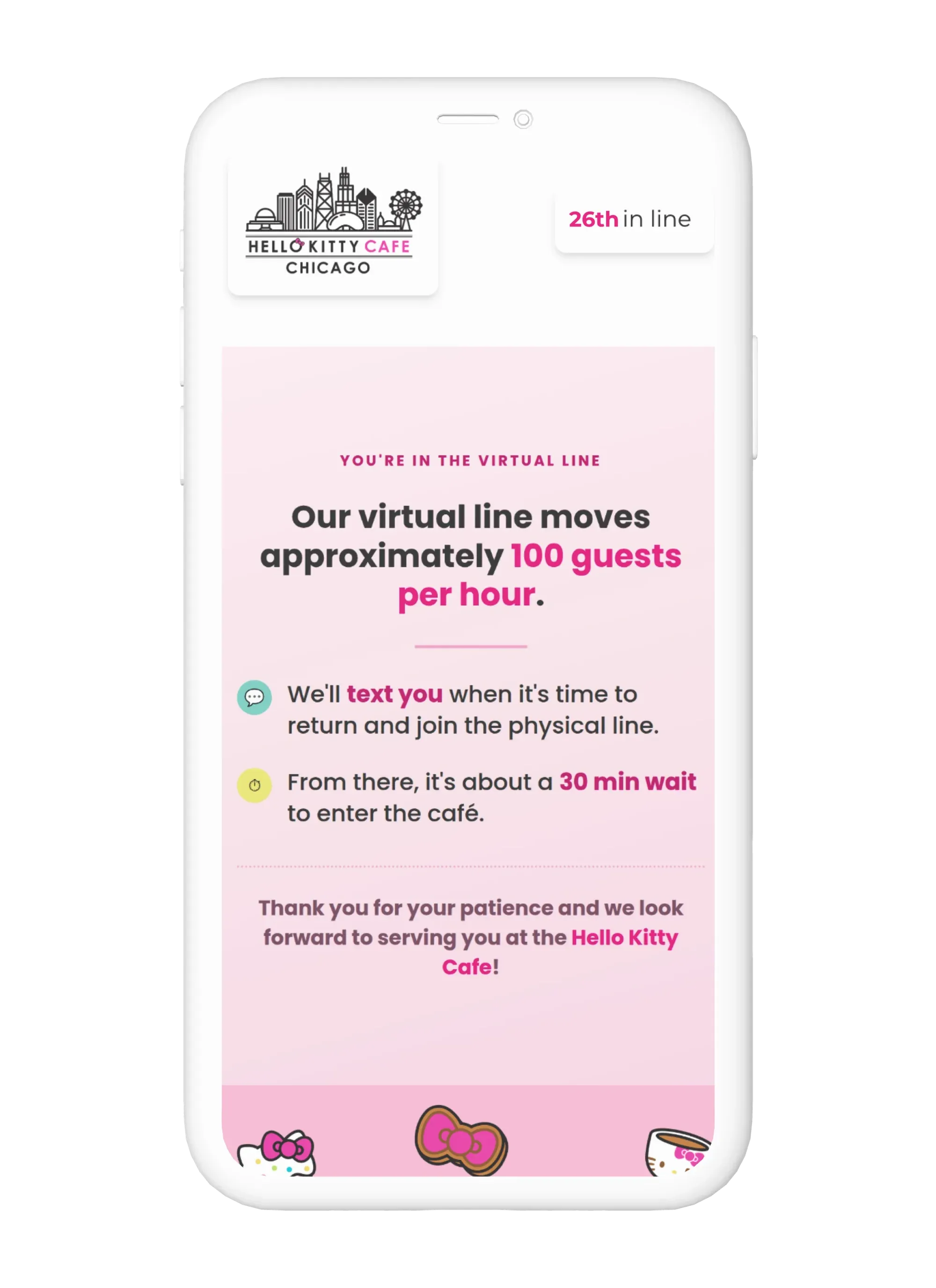 Hello Kitty Cafe Chicago’s branded virtual waiting room showing a guest 26th in line and explaining that the virtual line moves about 100 guests per hour