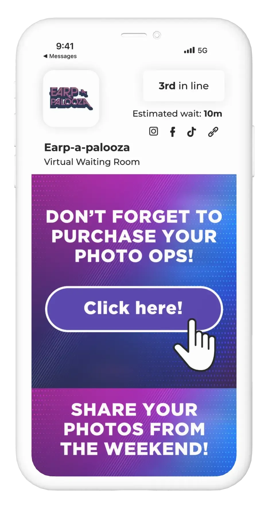 Earp-a-Palooza’s branded virtual waiting room showing a fan 3rd in line, with a reminder to purchase photo ops