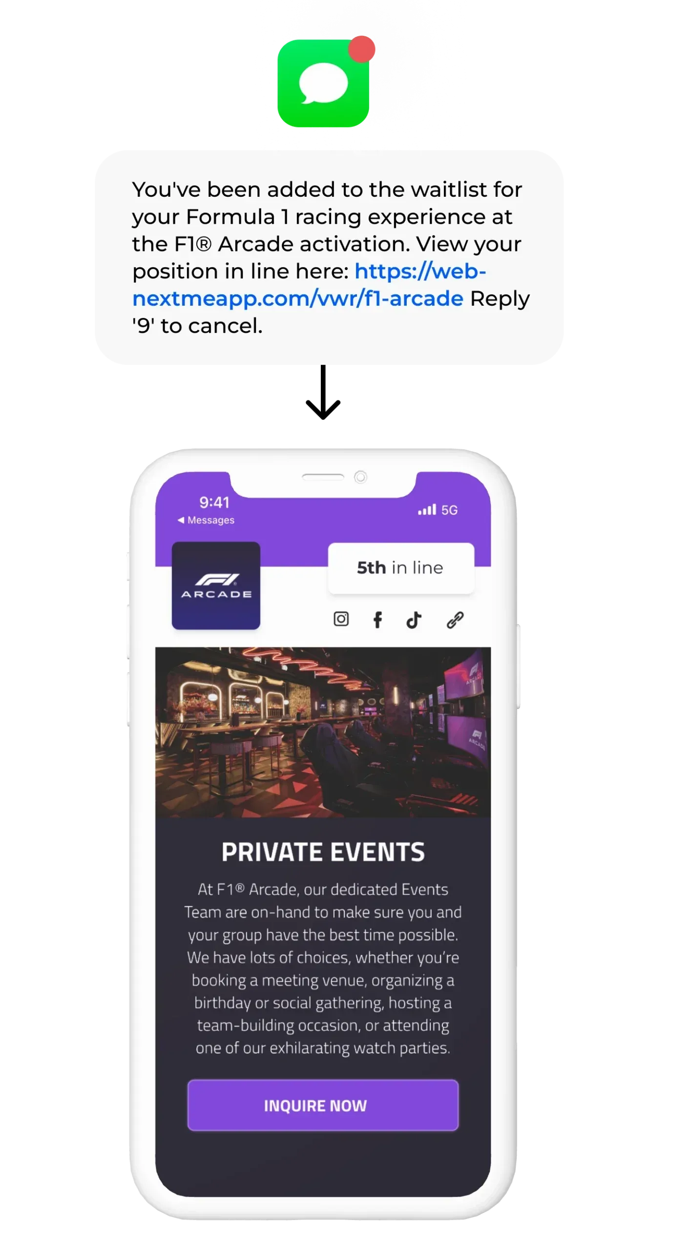 The F1 Arcade waitlist text and branded virtual waiting room showing a guest 5th in line, with a private events promotion