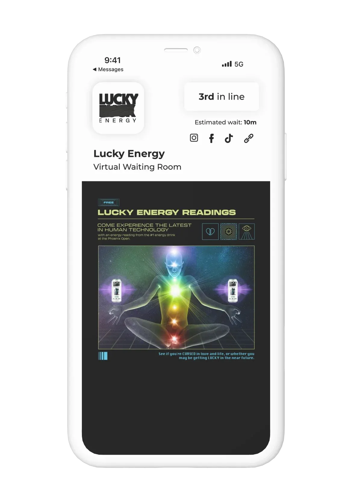 Lucky Energy’s branded virtual waiting room showing a guest 3rd in line, promoting Lucky Energy aura readings