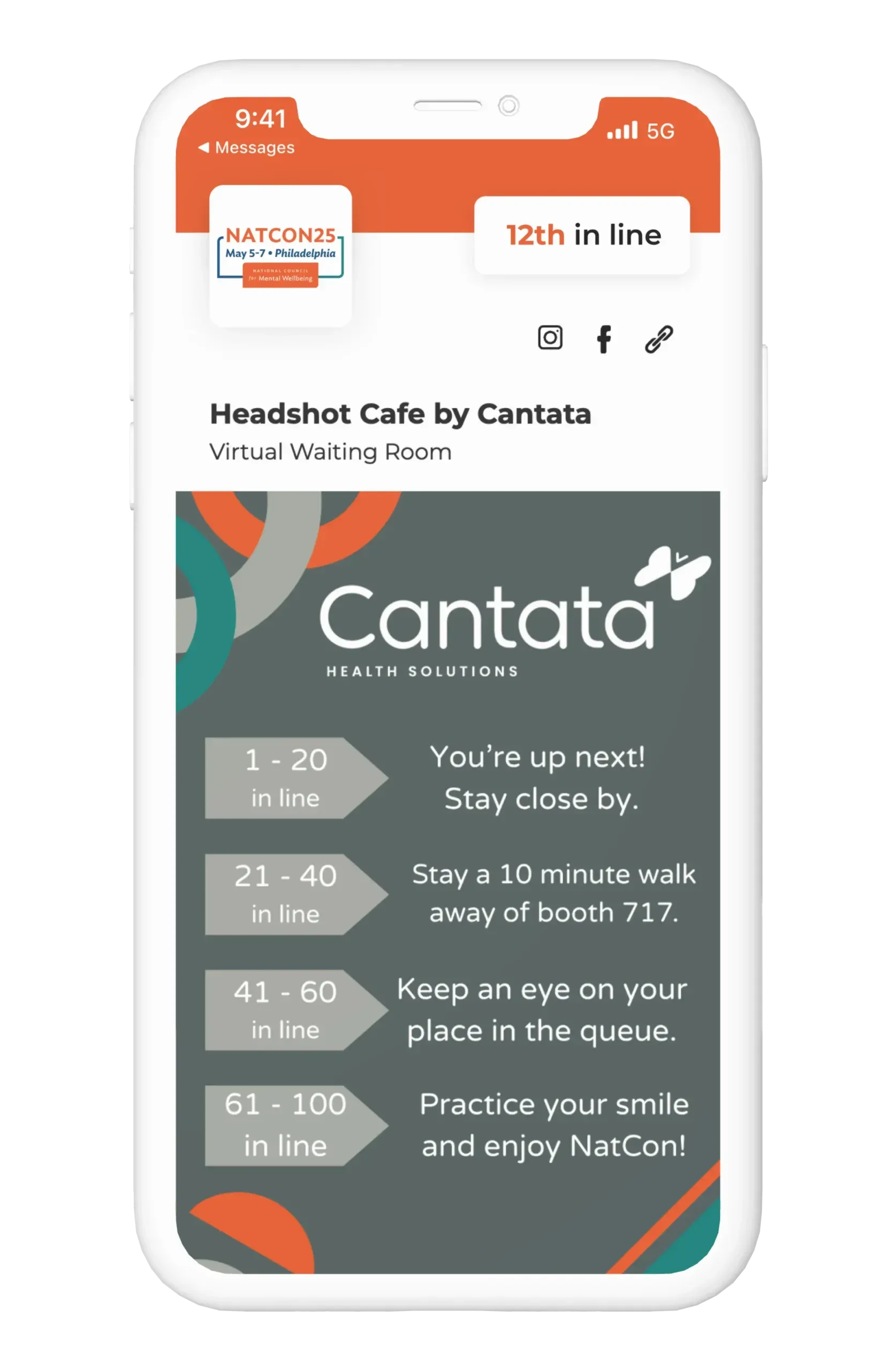 The Headshot Cafe by Cantata virtual waiting room showing a guest 12th in line, with guidance for each place in the queue