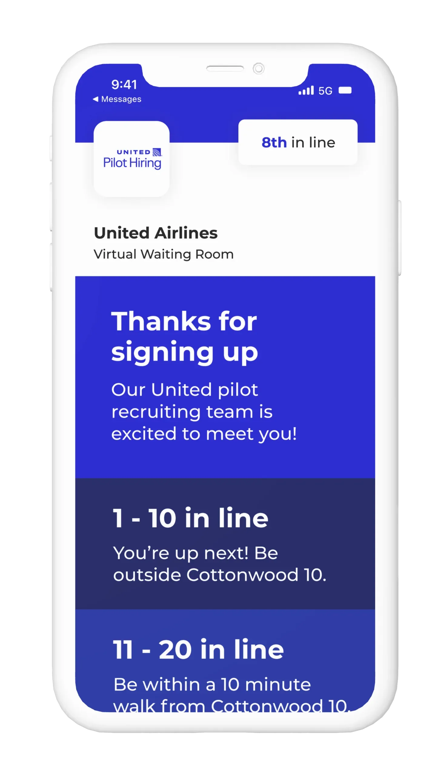 United Airlines’ Pilot Hiring virtual waiting room showing a candidate 8th in line, with directions for each place in the queue