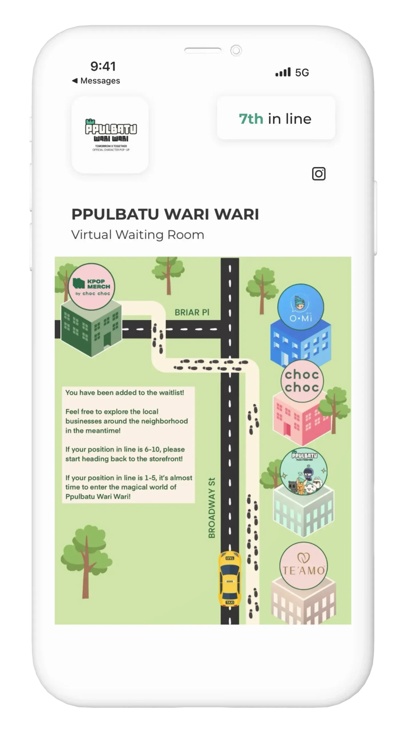 The PPULBATU WARI WARI virtual waiting room showing a fan 7th in line, with an illustrated map of the neighborhood