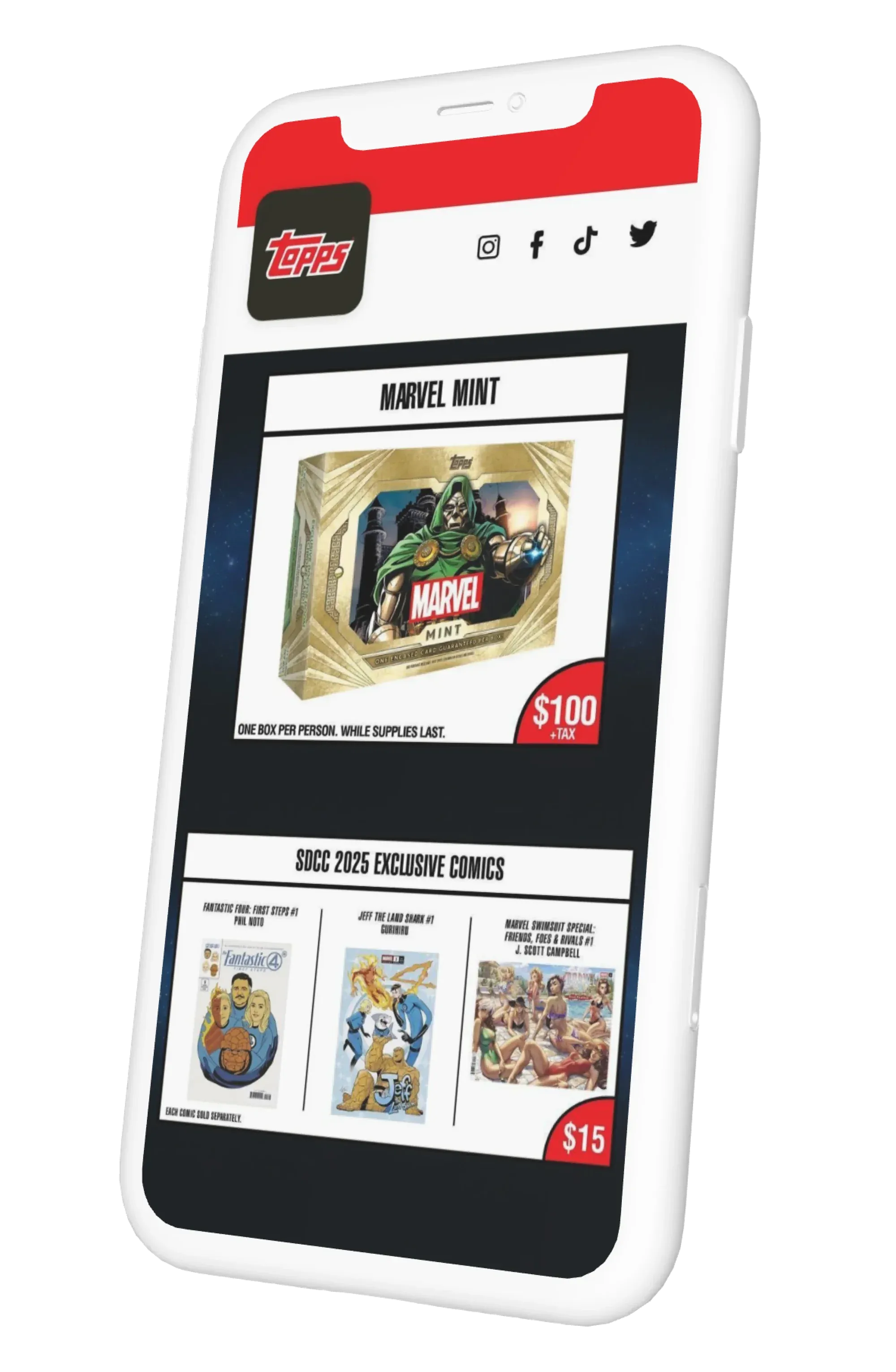 Topps’ branded virtual waiting room listing Marvel Mint cards and SDCC 2025 exclusive comics with prices