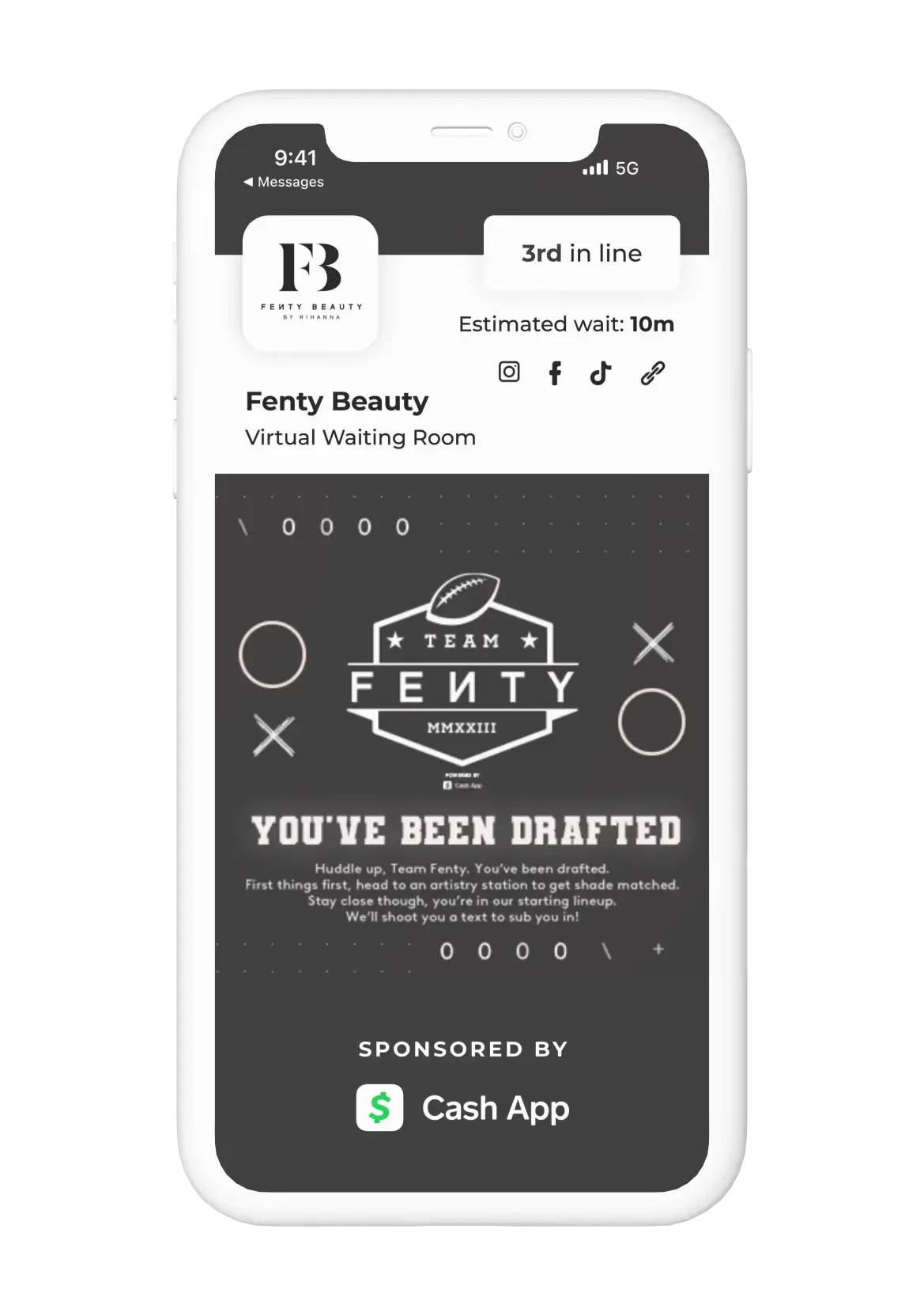 Fenty Beauty’s branded virtual waiting room showing a guest 3rd in line, with a Team Fenty message sponsored by Cash App