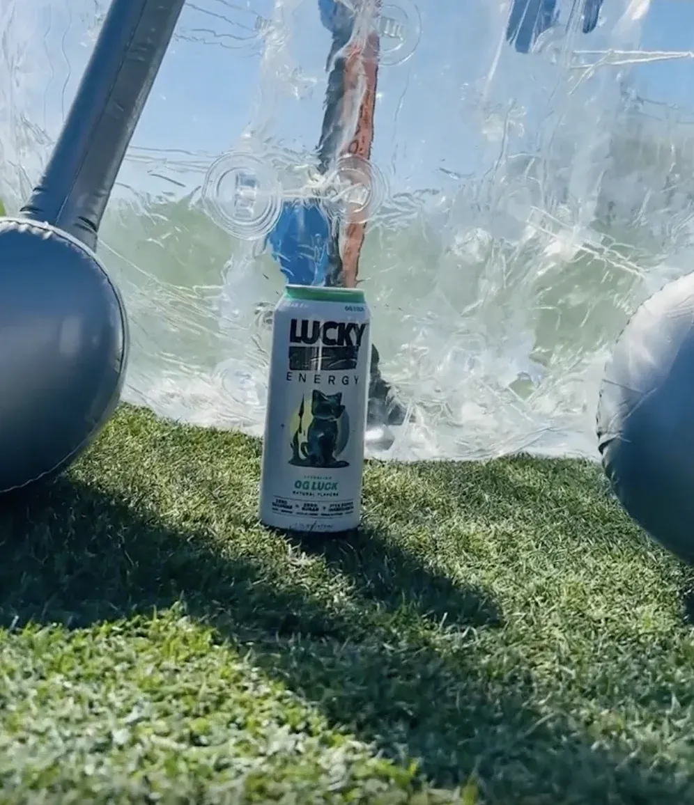 A can of Lucky Energy on the turf at the WM Phoenix Open activation
