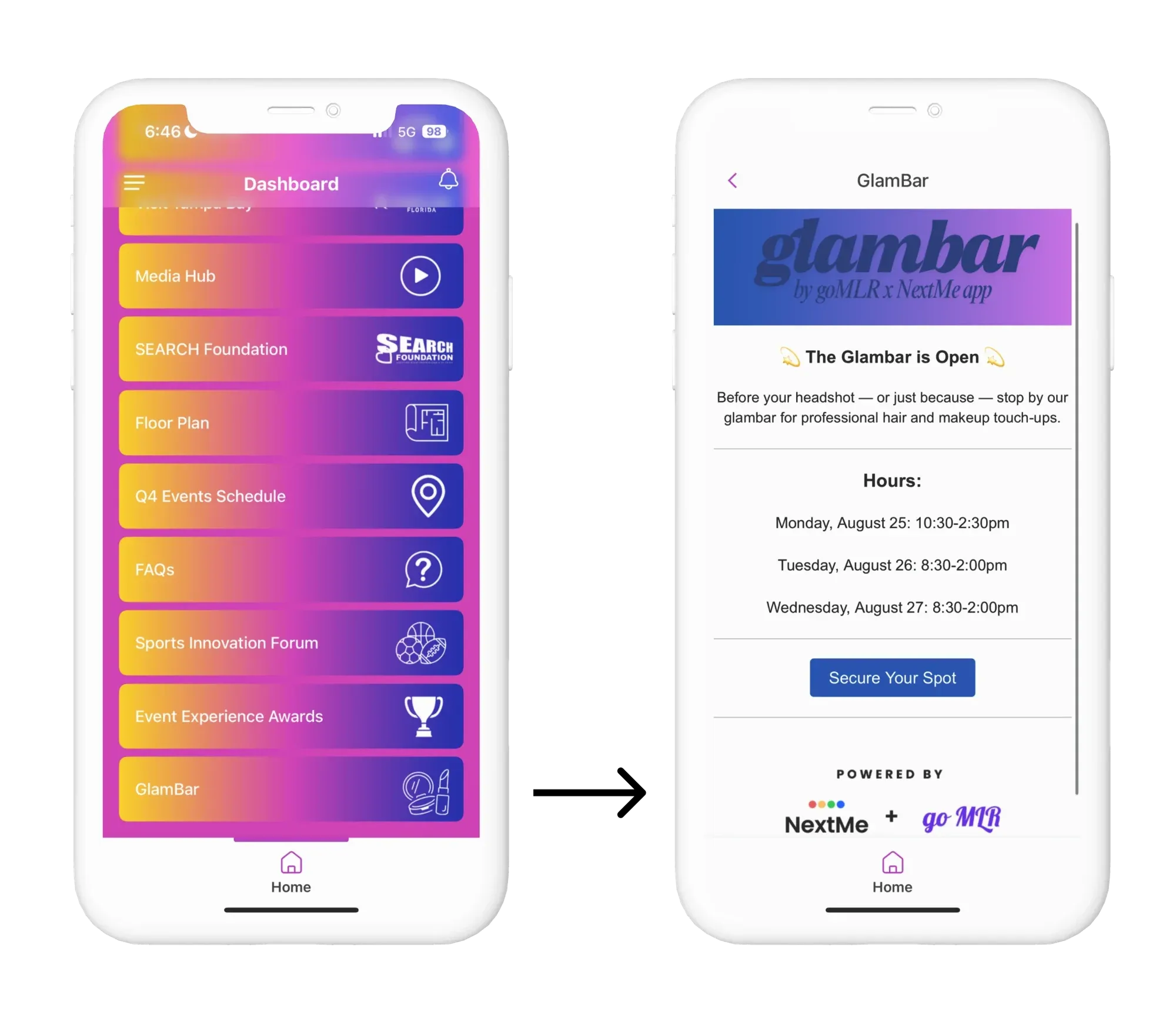 The summit’s conference app dashboard with a Glambar tile, and the Glambar page showing daily hours and a Secure Your Spot button, powered by NextMe and goMLR