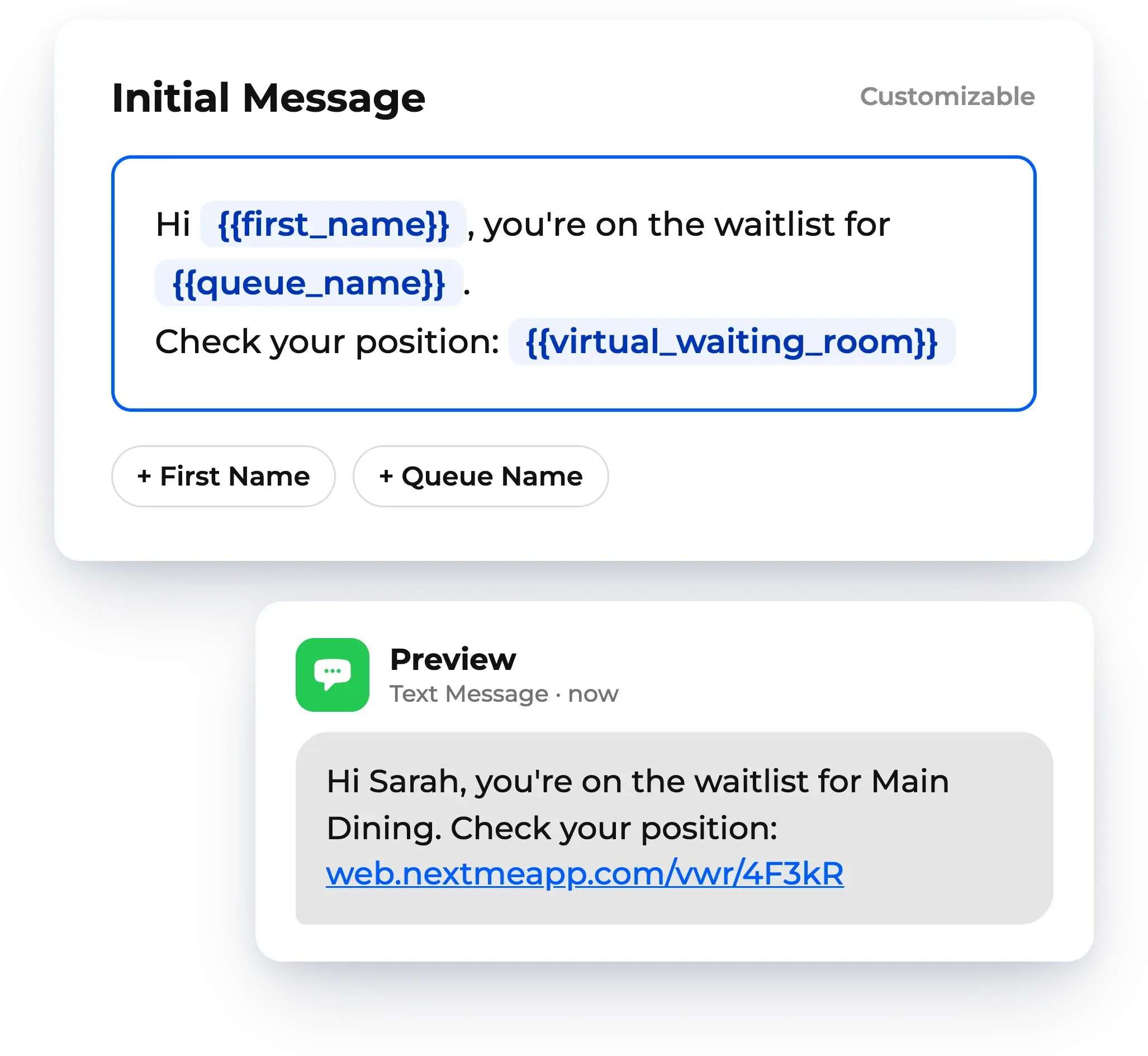 Customizable text message templates with variables and a live preview, shown in NextMe