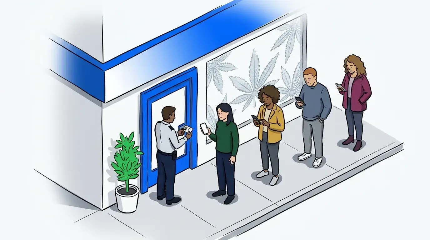 Dispensary queue system: guests in a short line outside a modern cannabis storefront