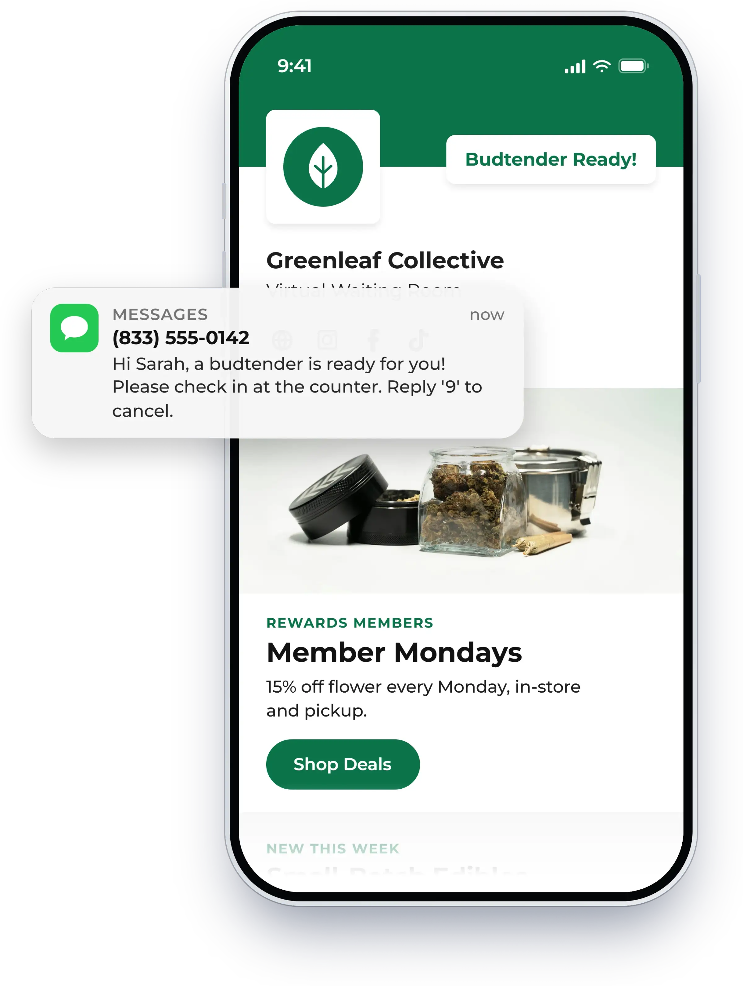 Text message telling a guest they are ready to be seen, shown in NextMe for a dispensary