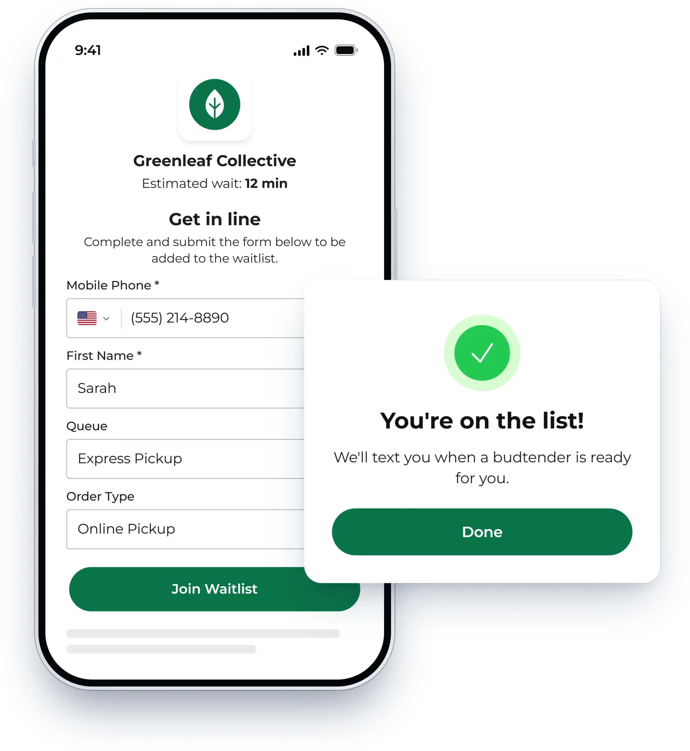 Self check-in form where guests join the waitlist from their phone, shown in NextMe for a dispensary