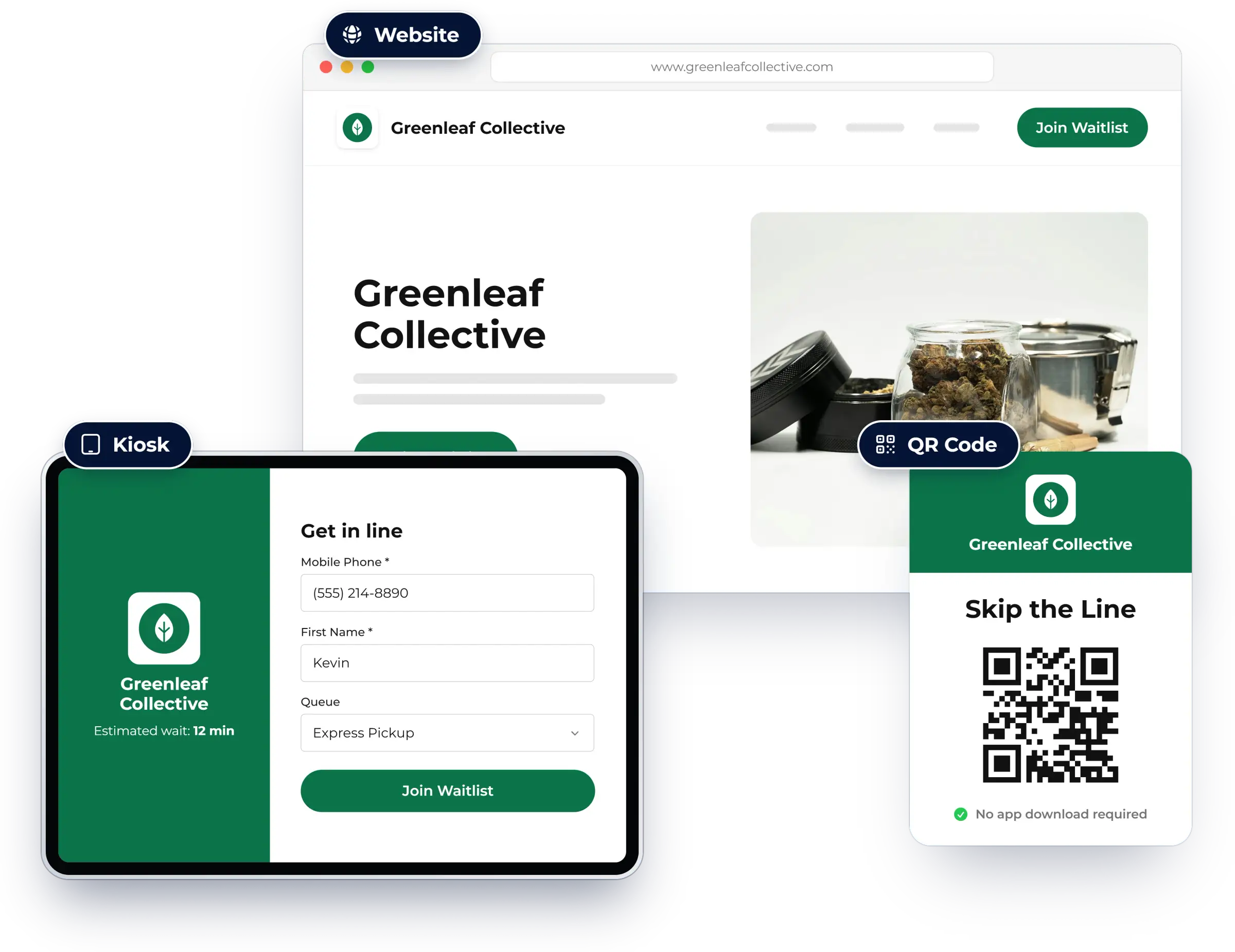Three ways for guests to join: website, kiosk and QR code, shown in NextMe for a dispensary