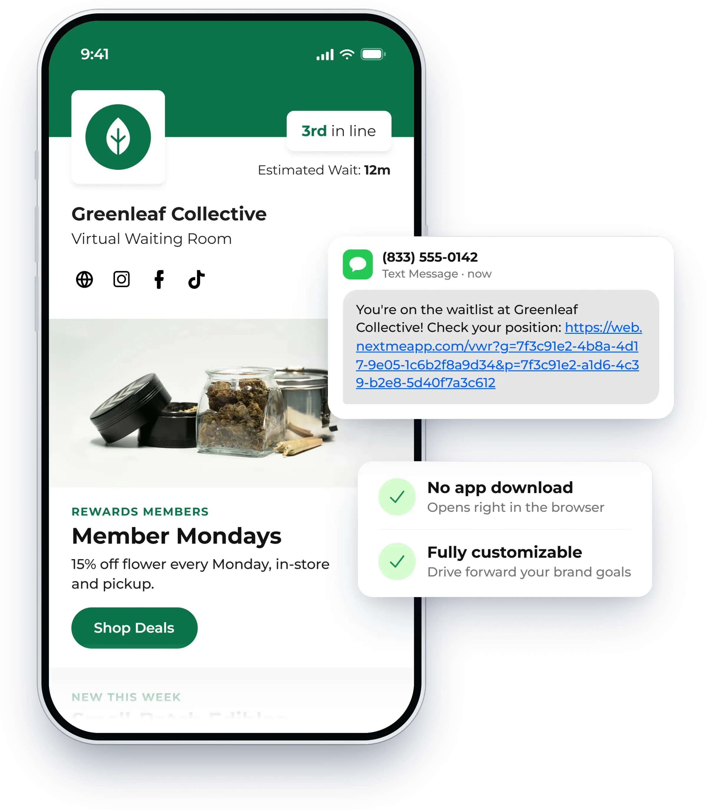 Virtual waiting room showing a guest their place in line on their phone, shown in NextMe for a dispensary