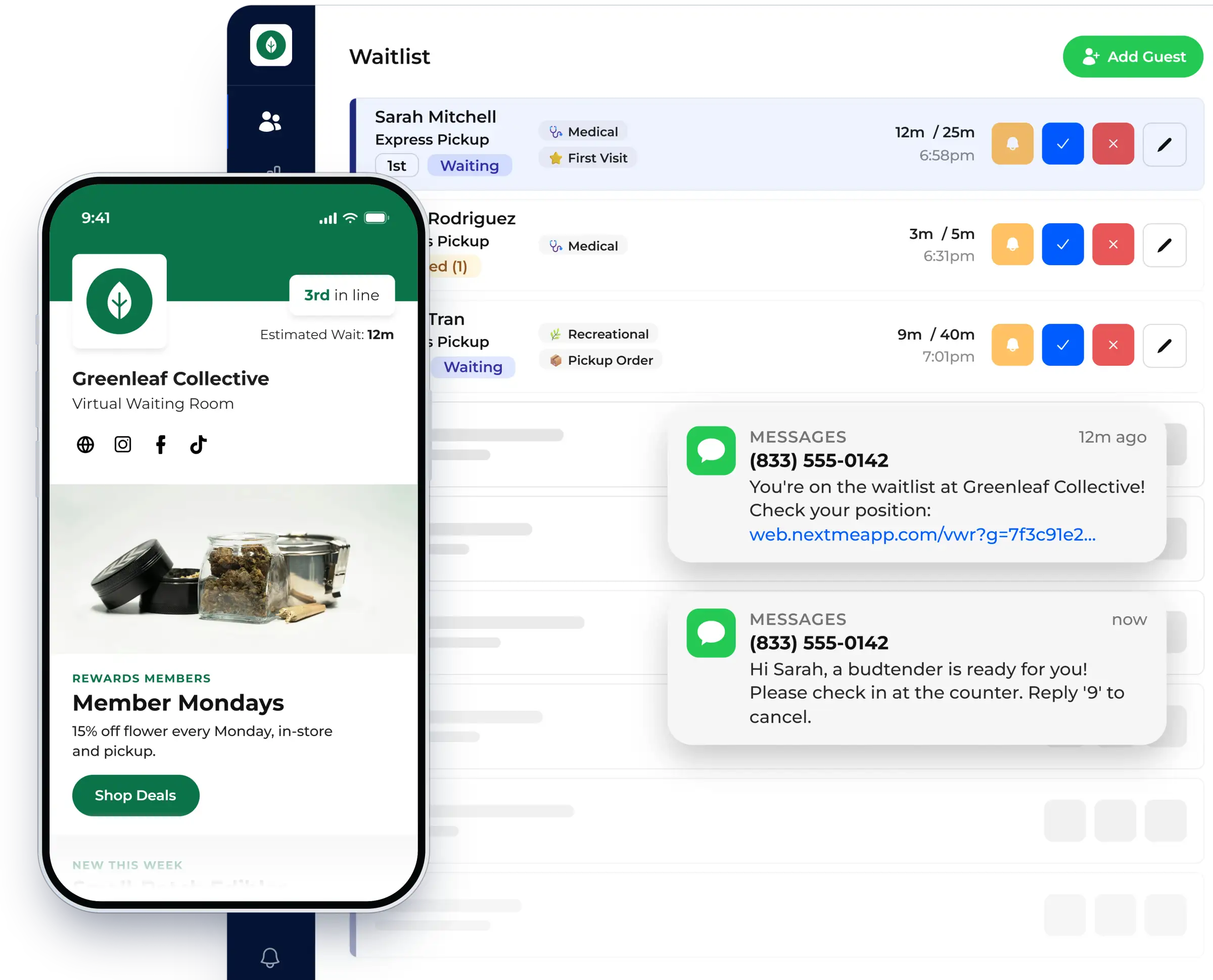 Waitlist dashboard with the virtual waiting room on a guest phone, shown in NextMe for a dispensary