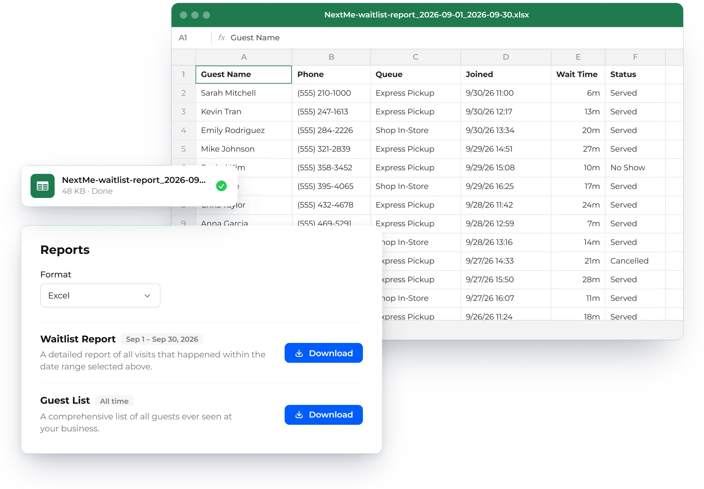 Exporting waitlist reports, shown in NextMe for a dispensary