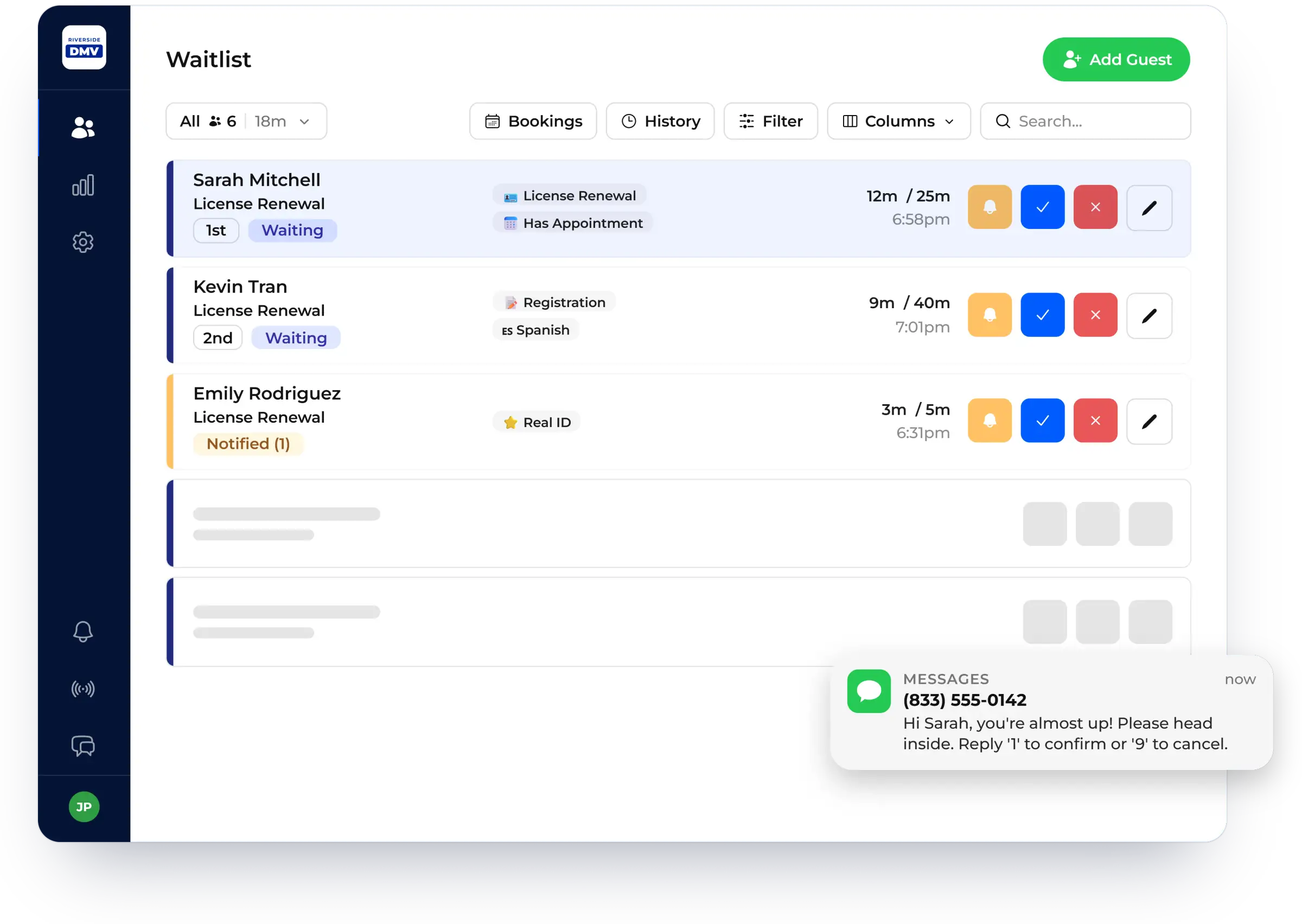 One-tap button that notifies a guest from the waitlist, shown in NextMe for a DMV