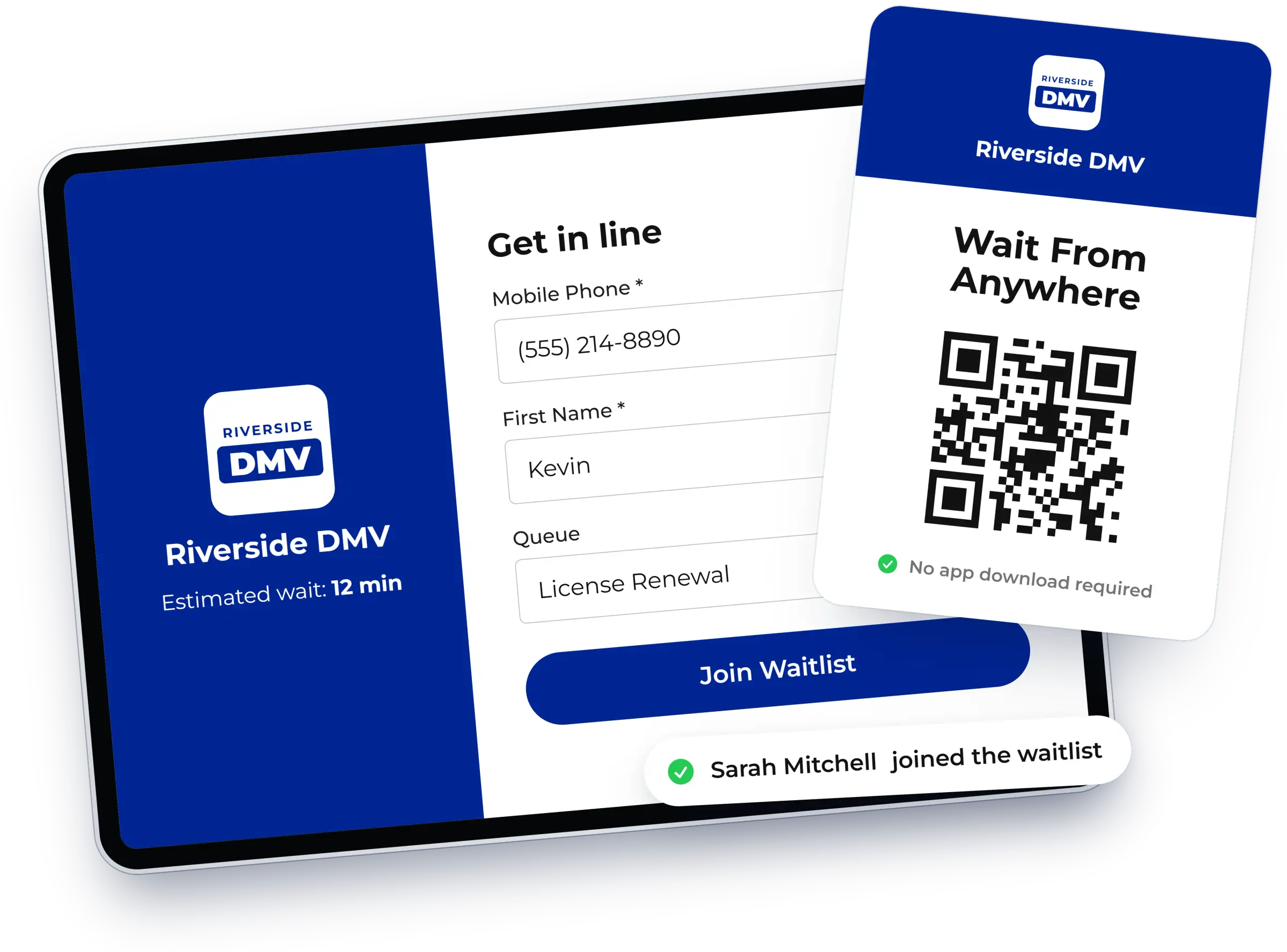 Self check-in kiosk, QR sign and joined-guest confirmation, shown in NextMe for a DMV