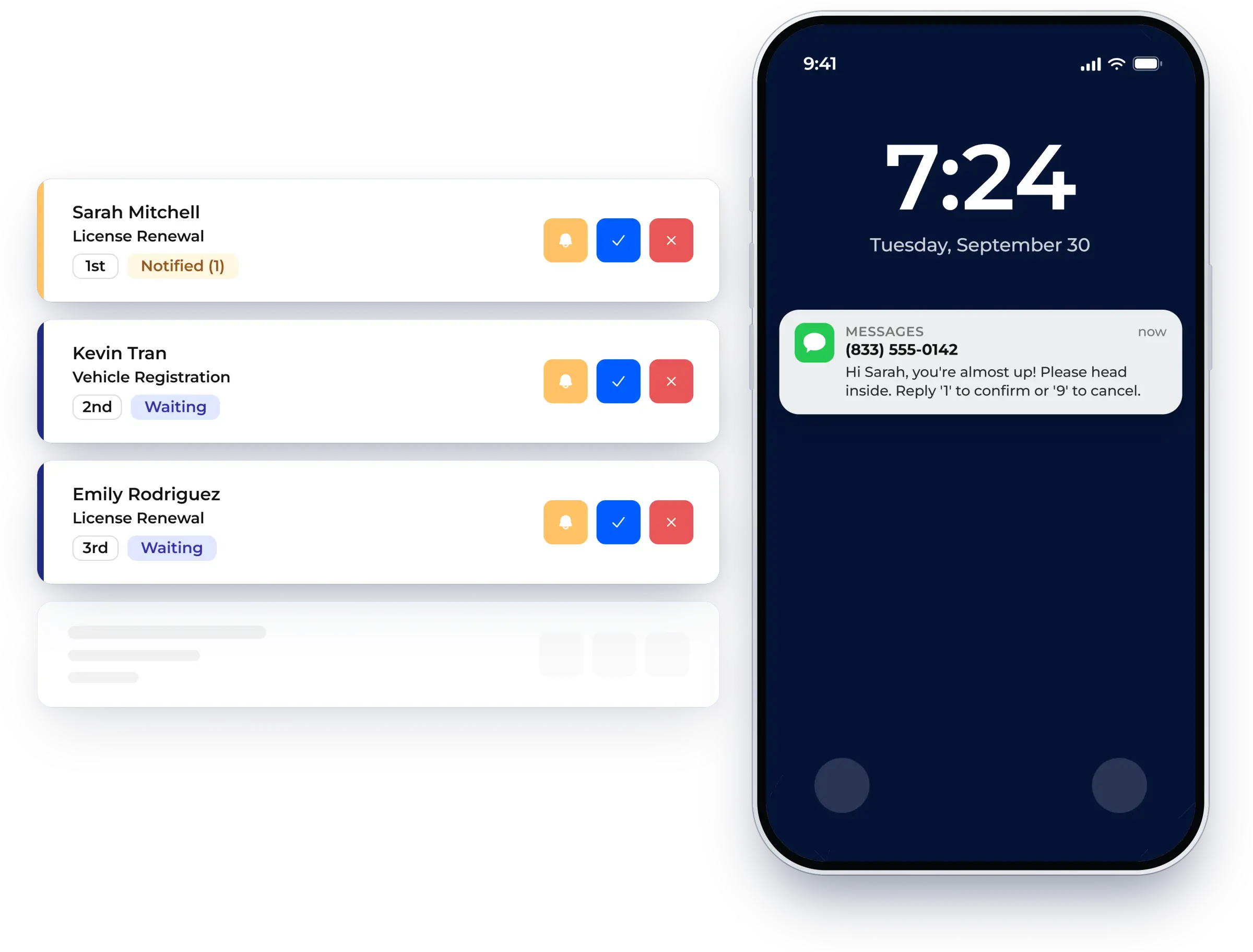 Text message telling a guest their turn is almost up, shown in NextMe for a DMV