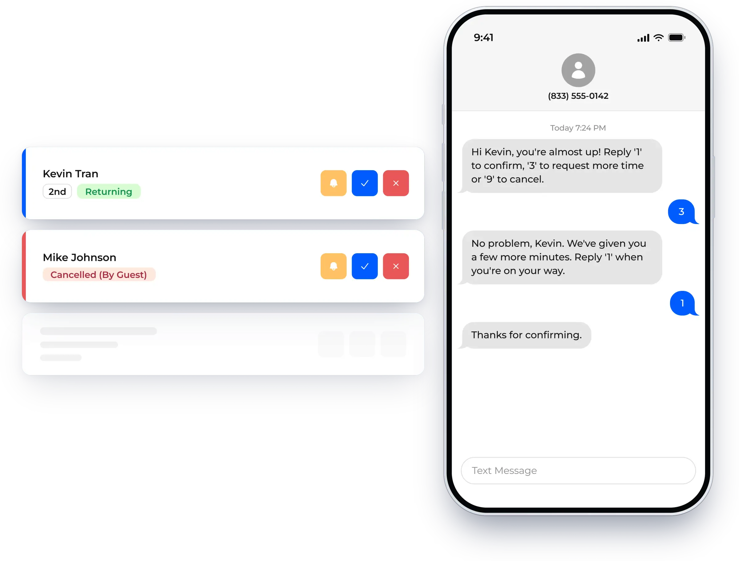 Two-way text conversation between the business and a waiting guest, shown in NextMe for a DMV