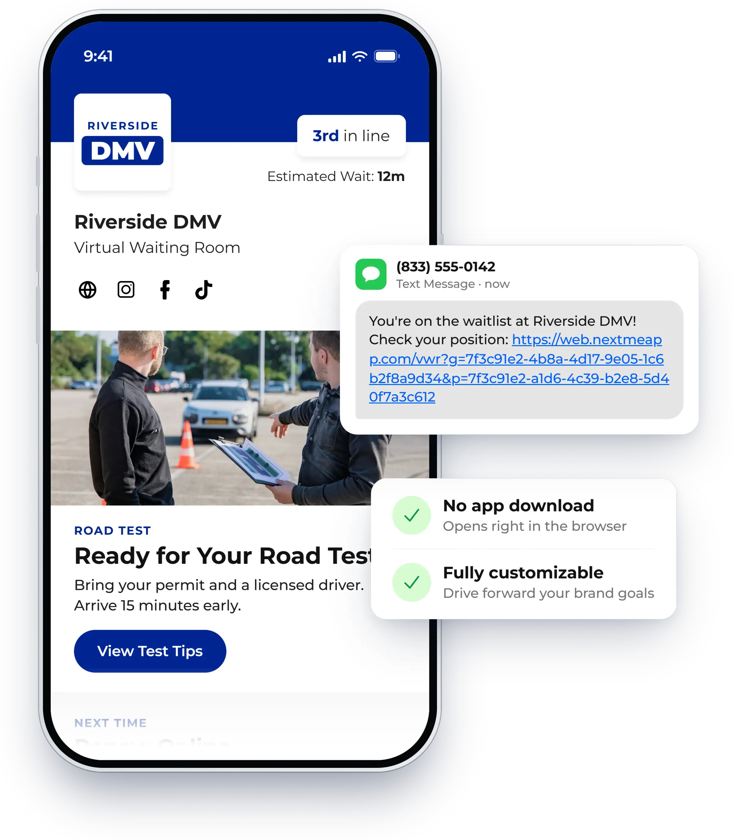 Virtual waiting room showing a guest their place in line on their phone, shown in NextMe for a DMV