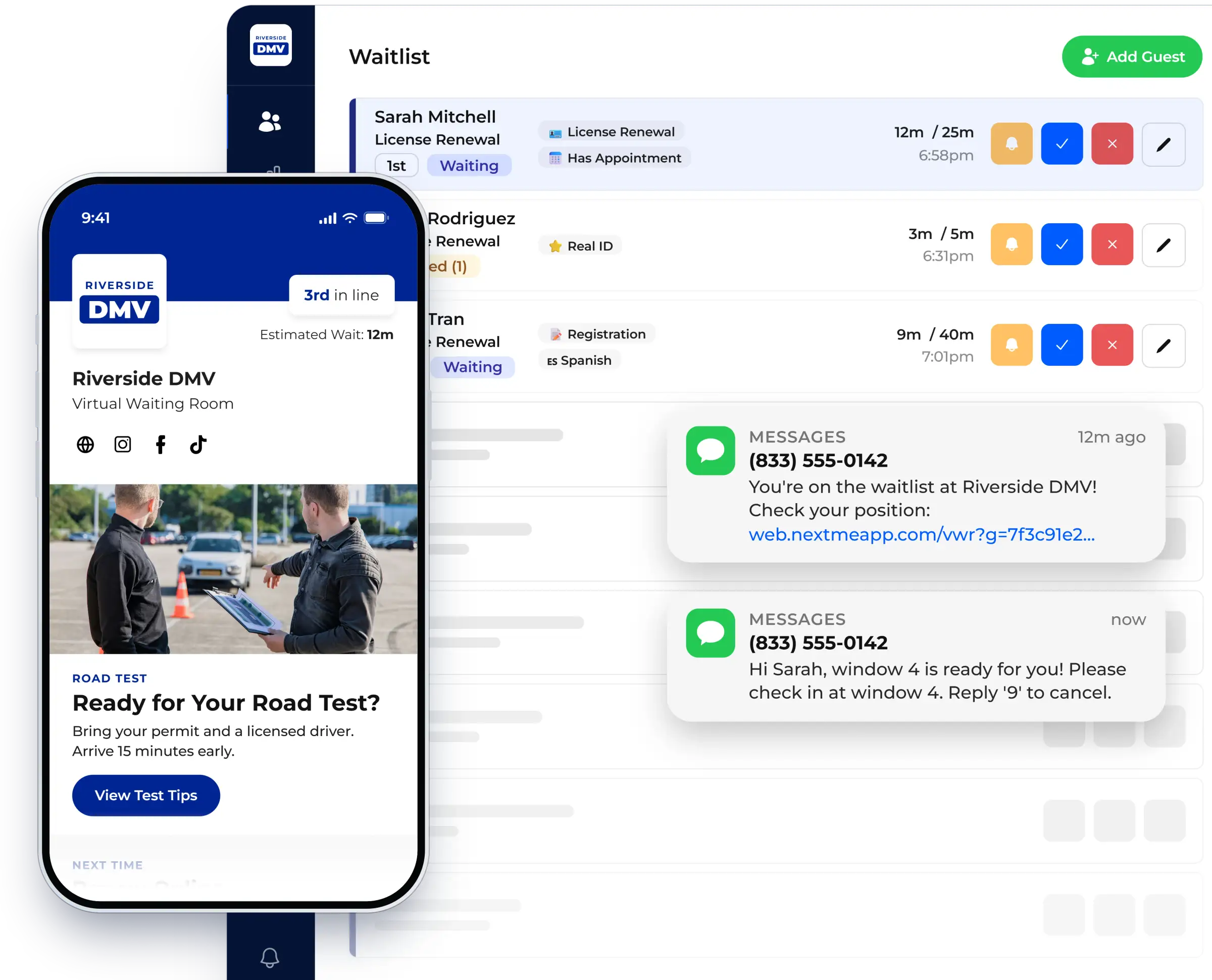 Waitlist dashboard with the virtual waiting room on a guest phone, shown in NextMe for a DMV