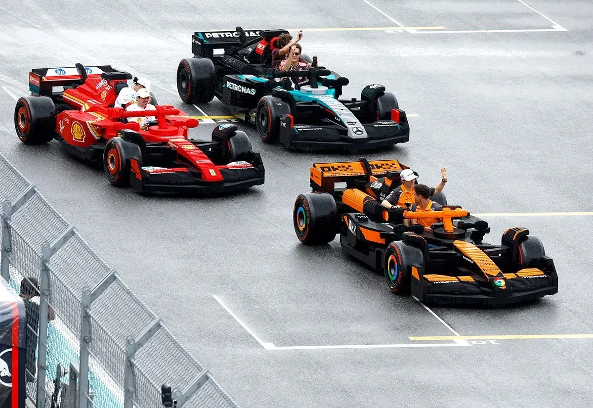 Drivers in LEGO Formula 1 cars during the drivers' parade at the Miami Grand Prix