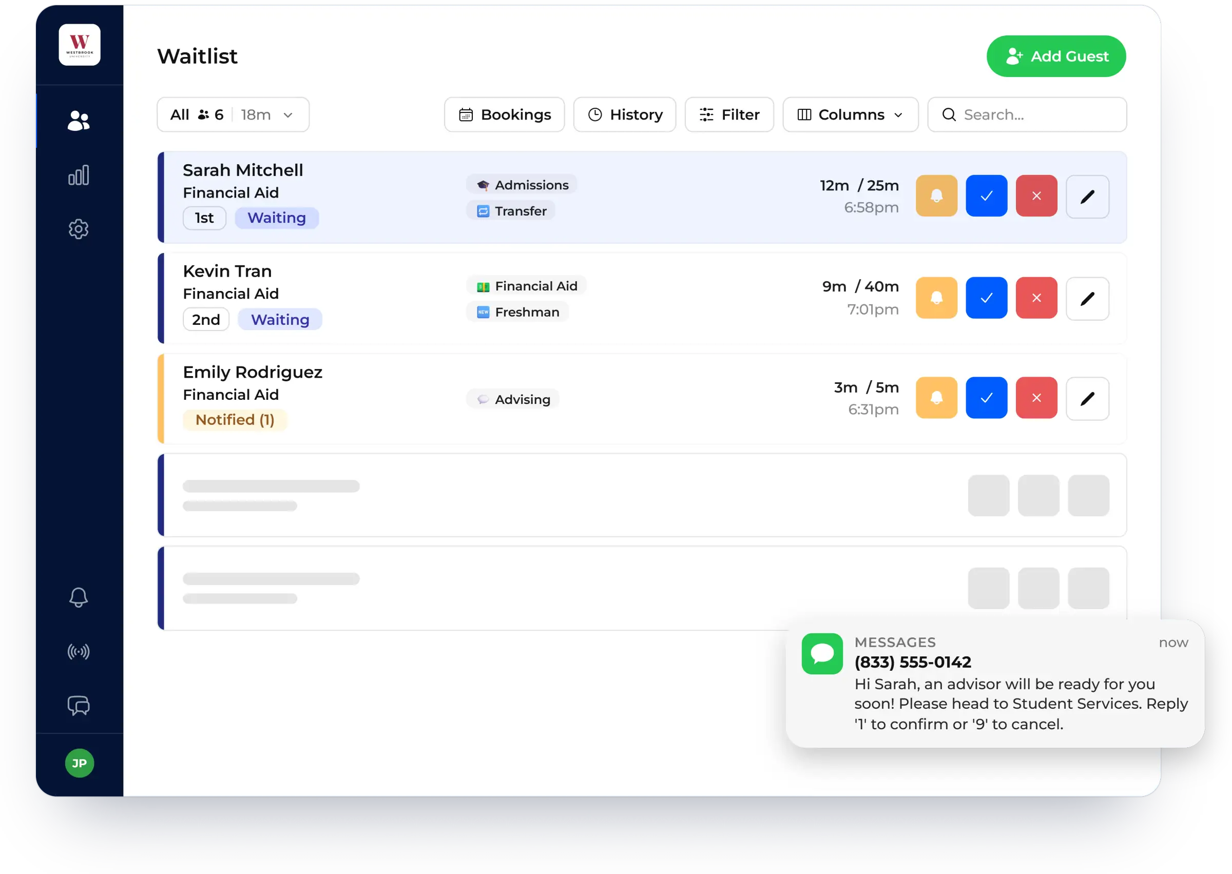 One-tap button that notifies a guest from the waitlist, shown in NextMe for a university