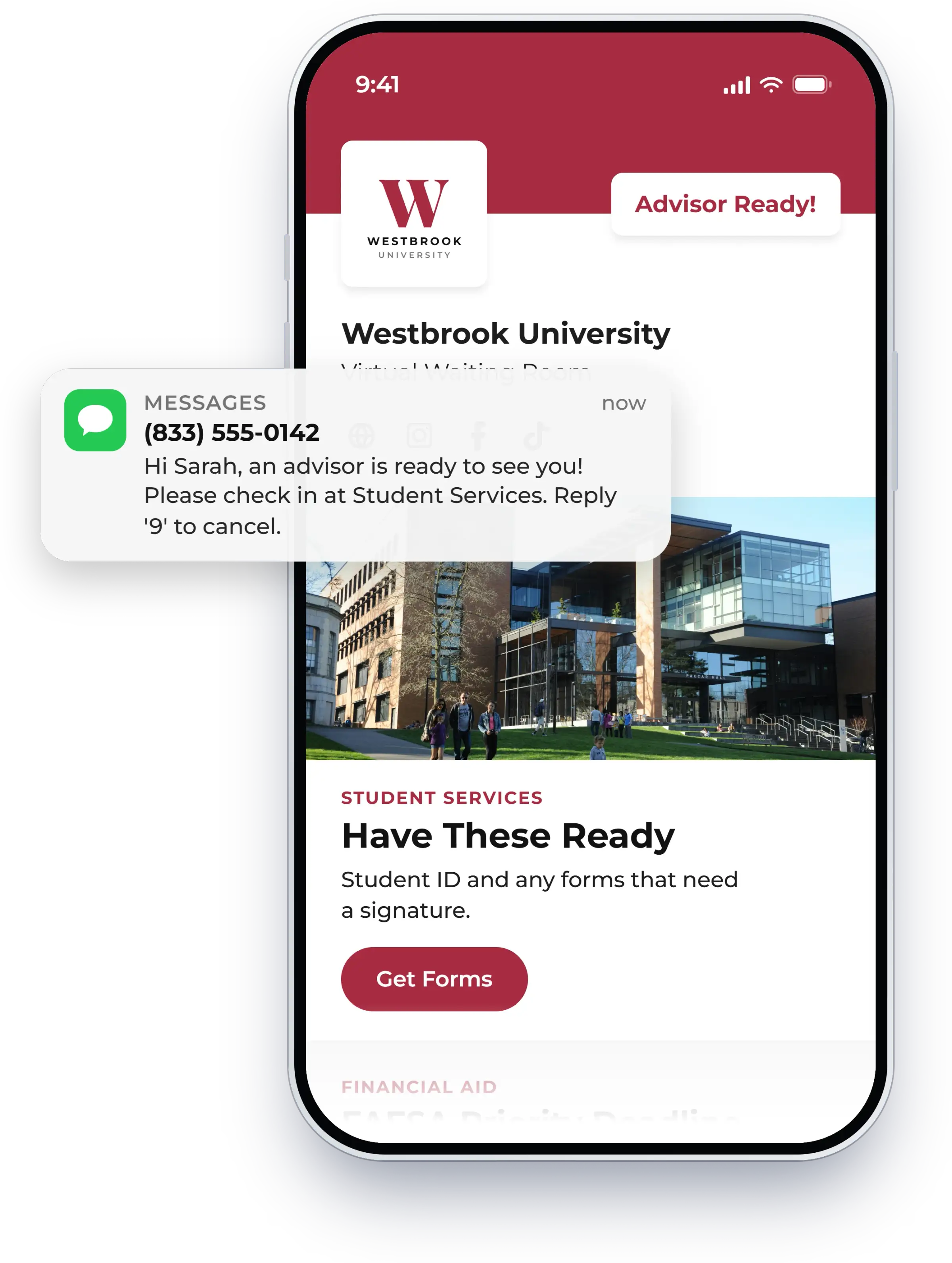 Text message telling a guest they are ready to be seen, shown in NextMe for a university