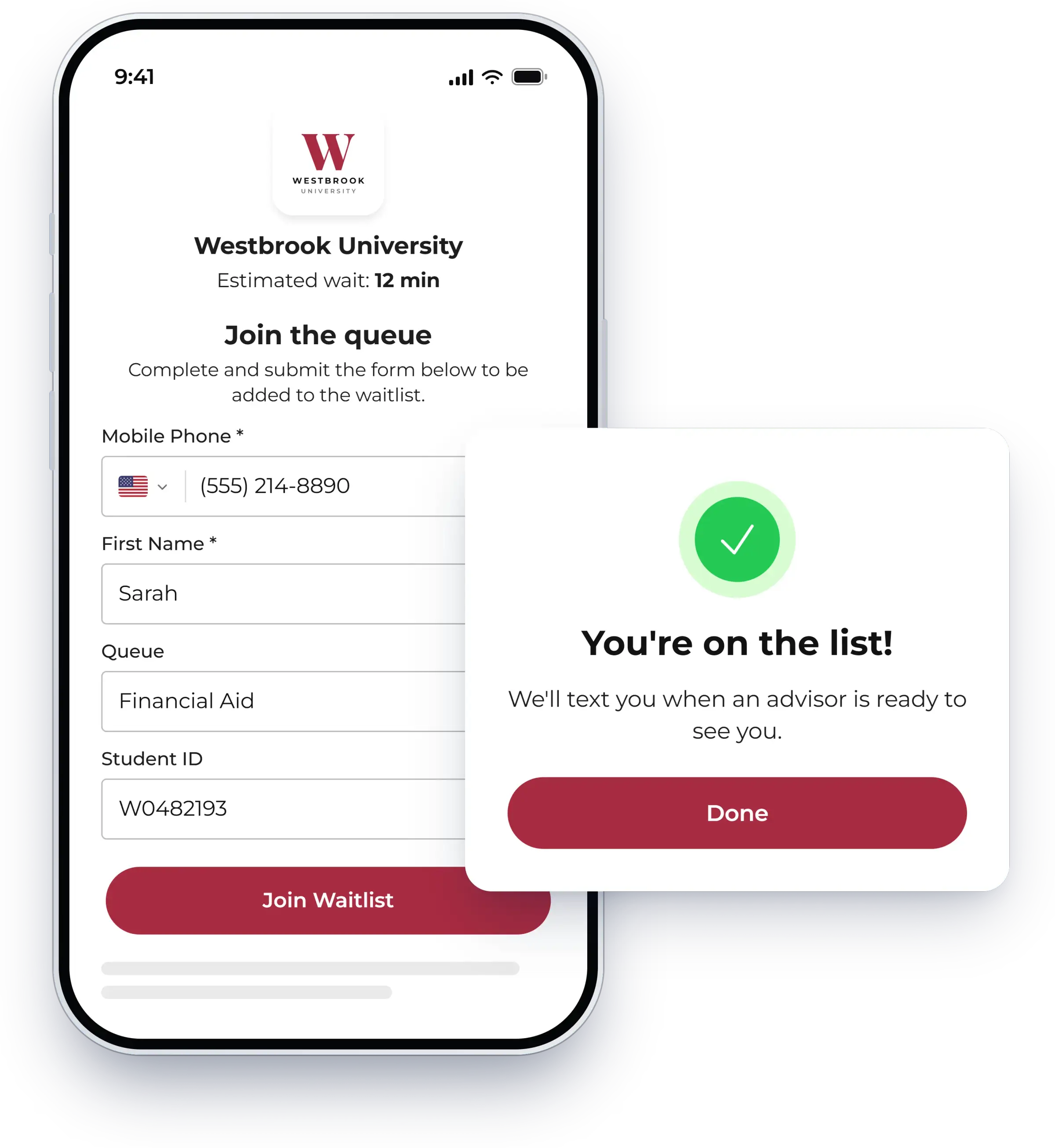 Self check-in form where guests join the waitlist from their phone, shown in NextMe for a university
