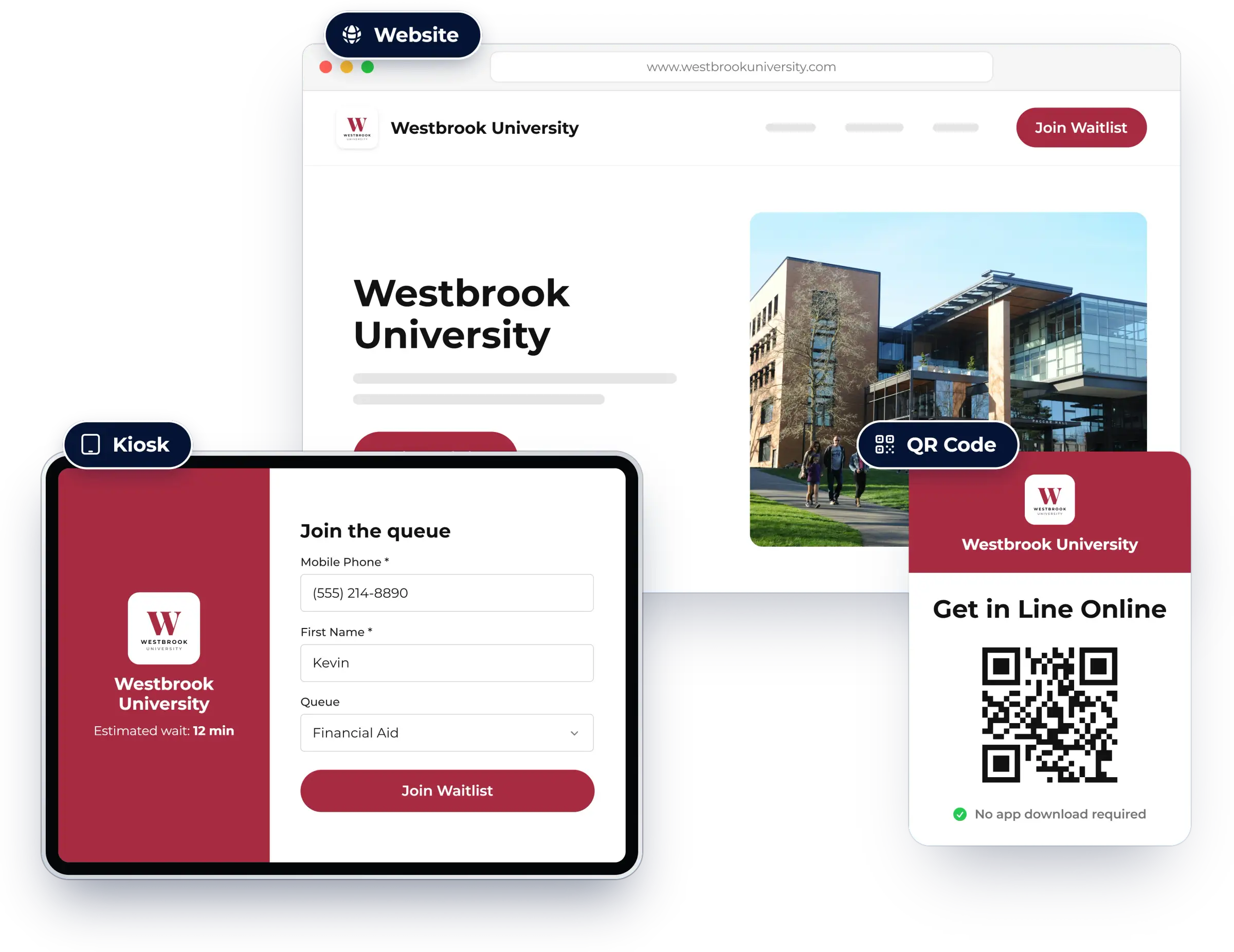 Three ways for guests to join: website, kiosk and QR code, shown in NextMe for a university