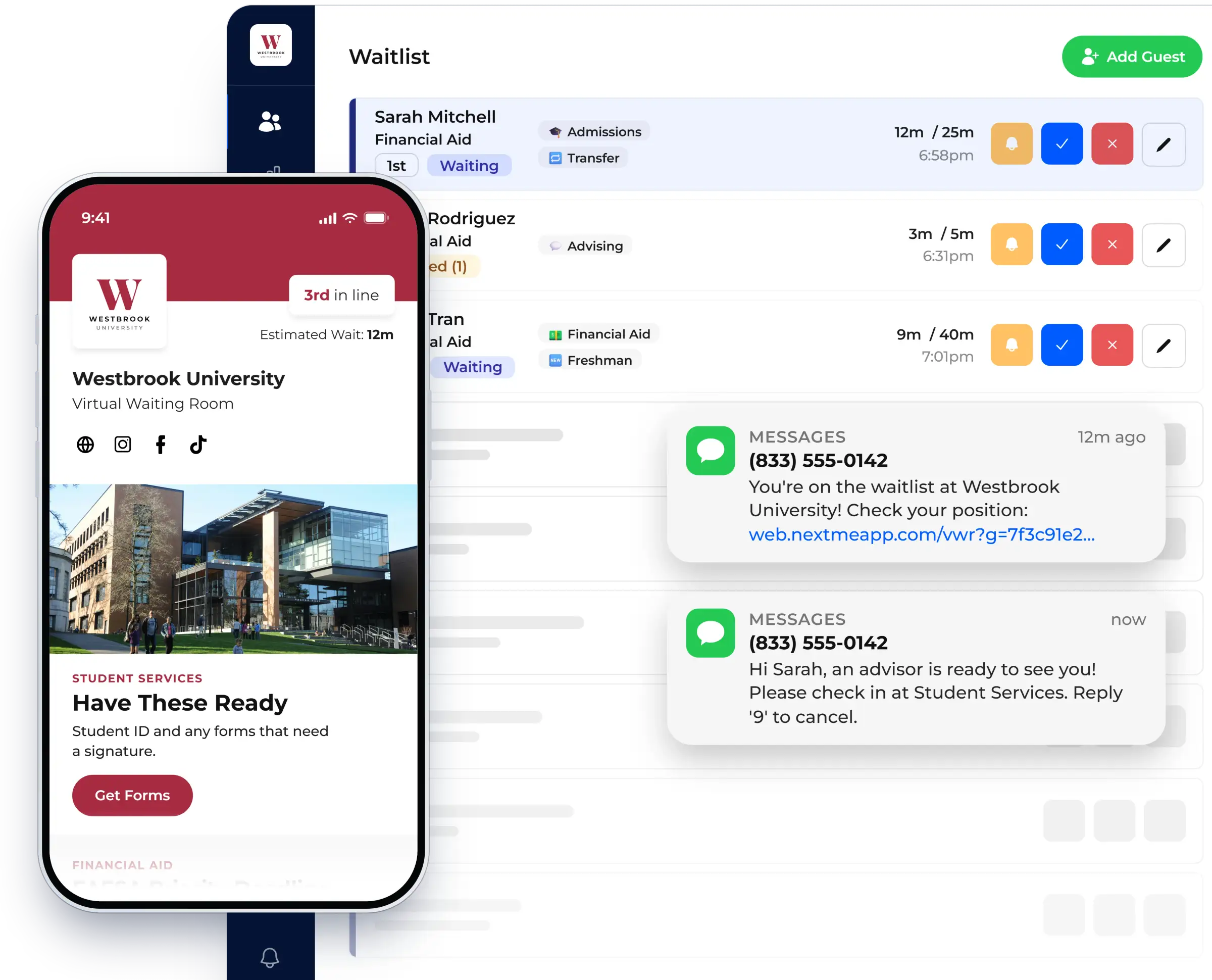 Waitlist dashboard with the virtual waiting room on a guest phone, shown in NextMe for a university