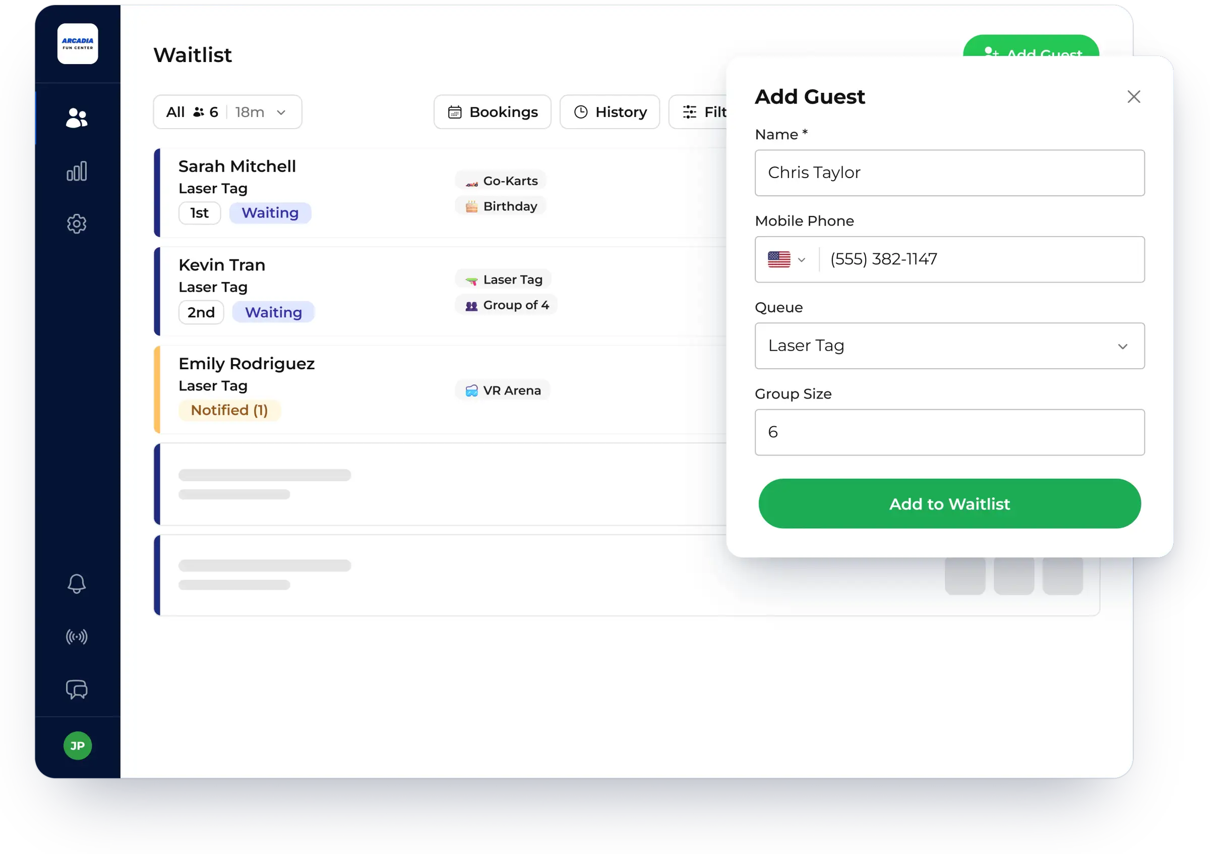 Add Guest form on the waitlist dashboard, shown in NextMe for an entertainment venue