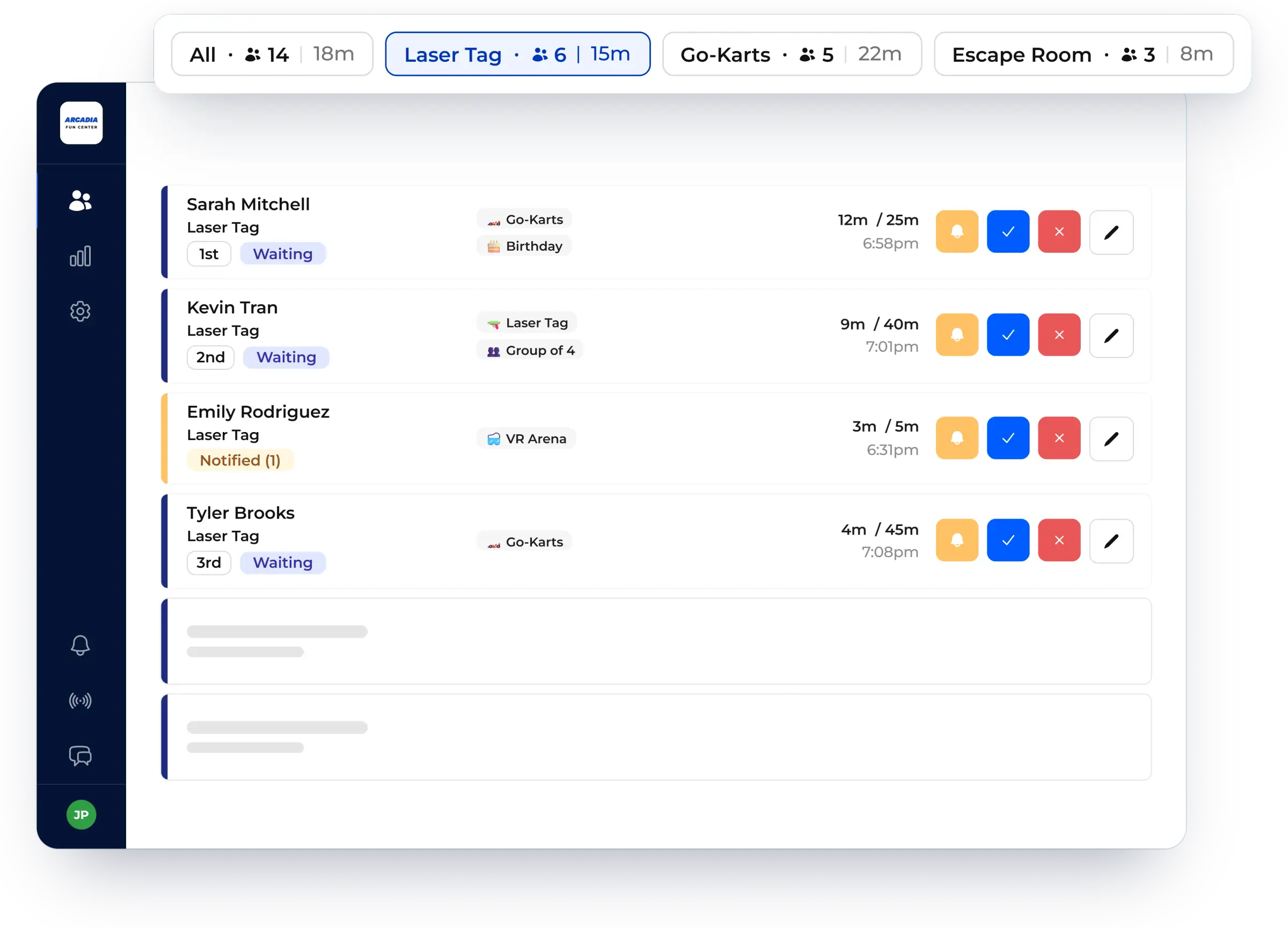 Multiple queues managed on one waitlist, shown in NextMe for an entertainment venue