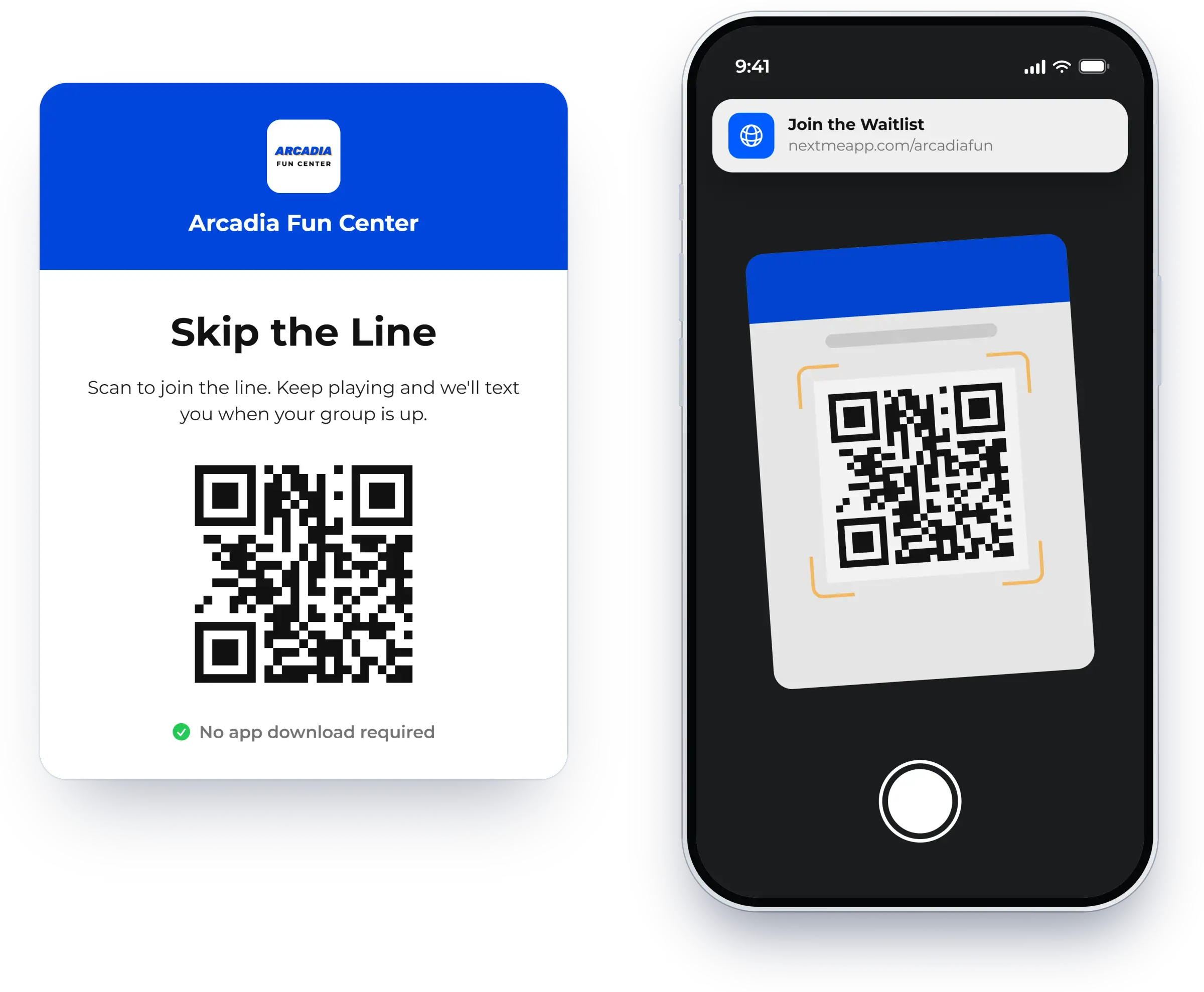 QR code sign that guests scan to join the waitlist, shown in NextMe for an entertainment venue