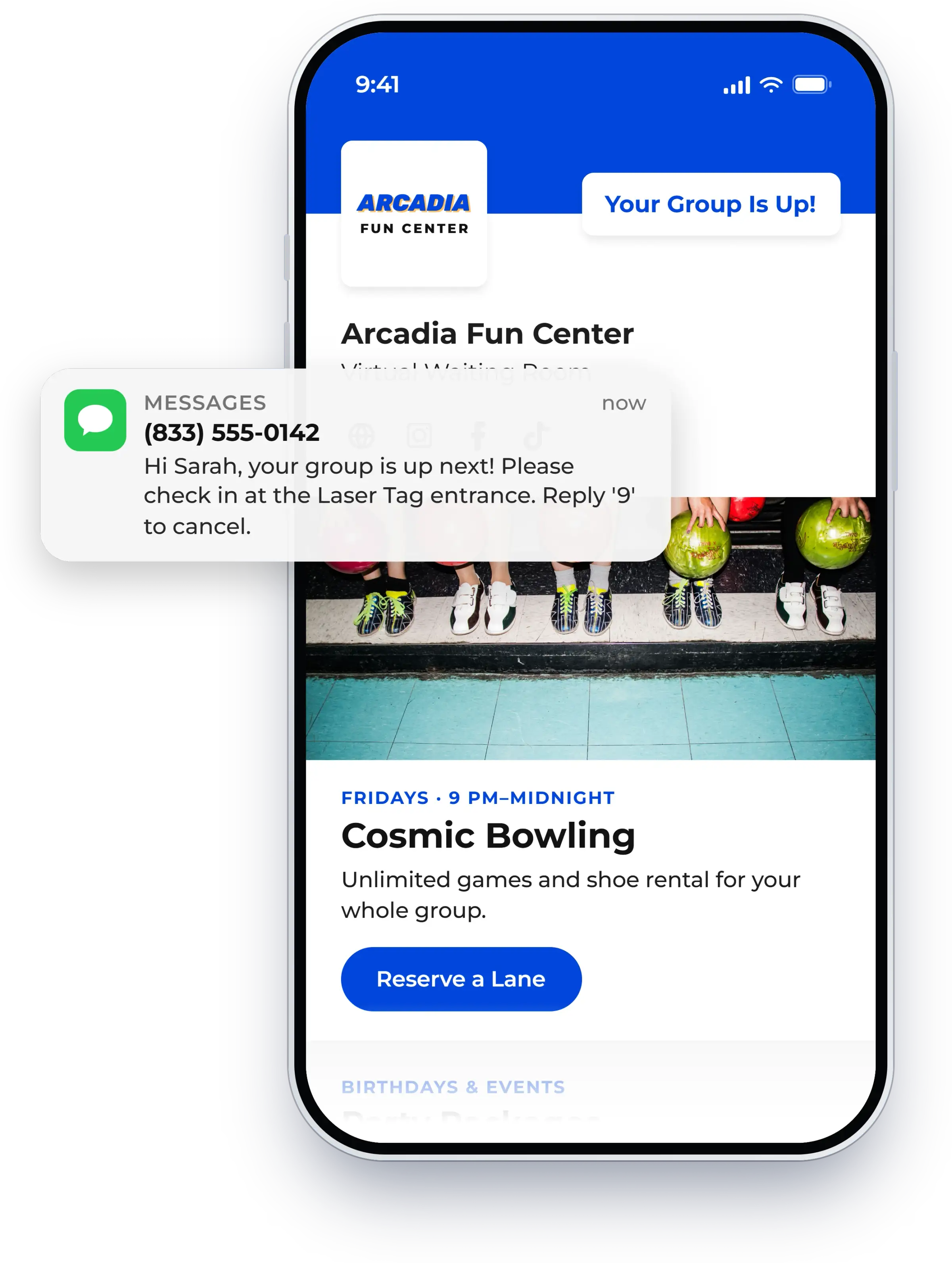 Text message telling a guest they are ready to be seen, shown in NextMe for an entertainment venue