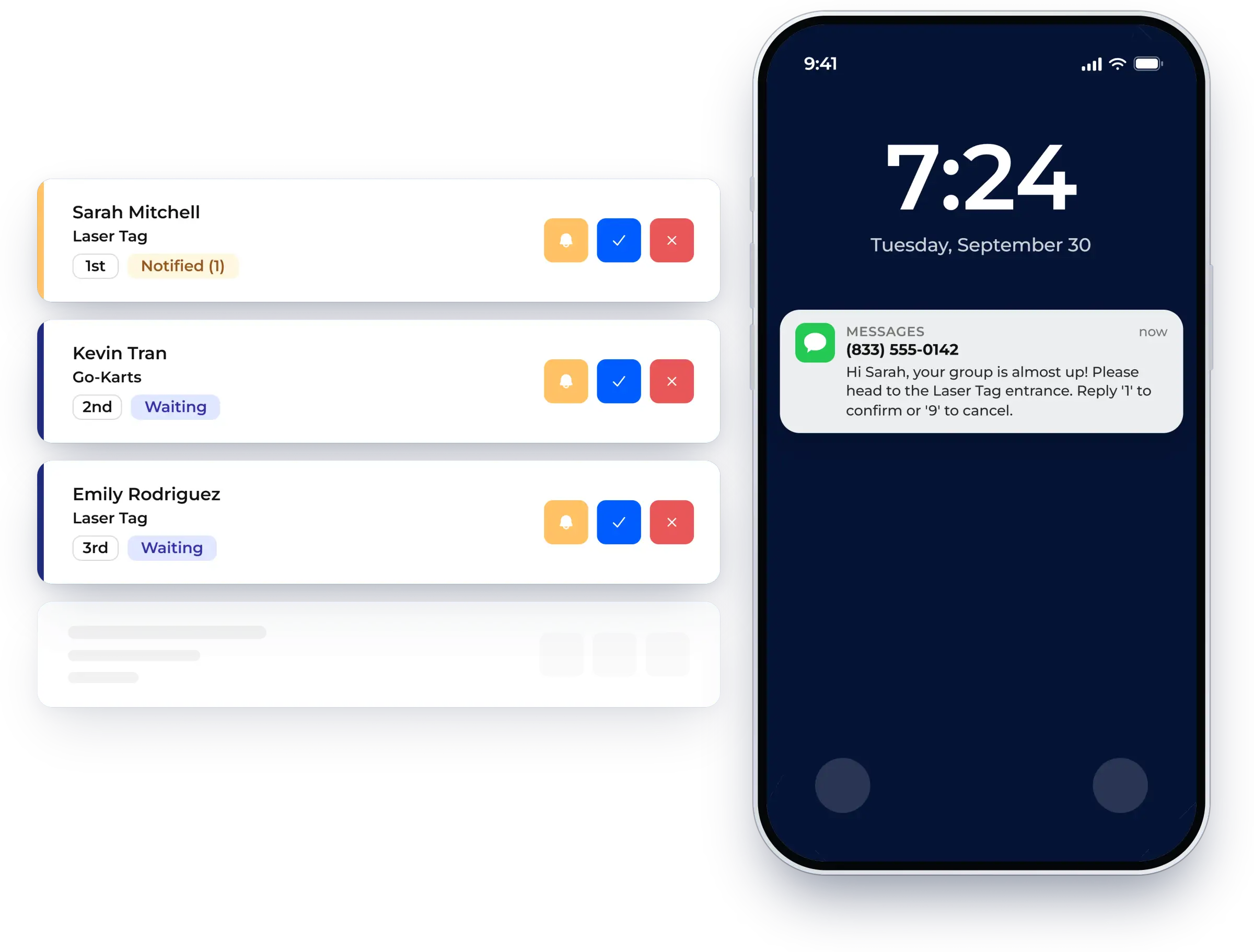 Text message telling a guest their turn is almost up, shown in NextMe for an entertainment venue