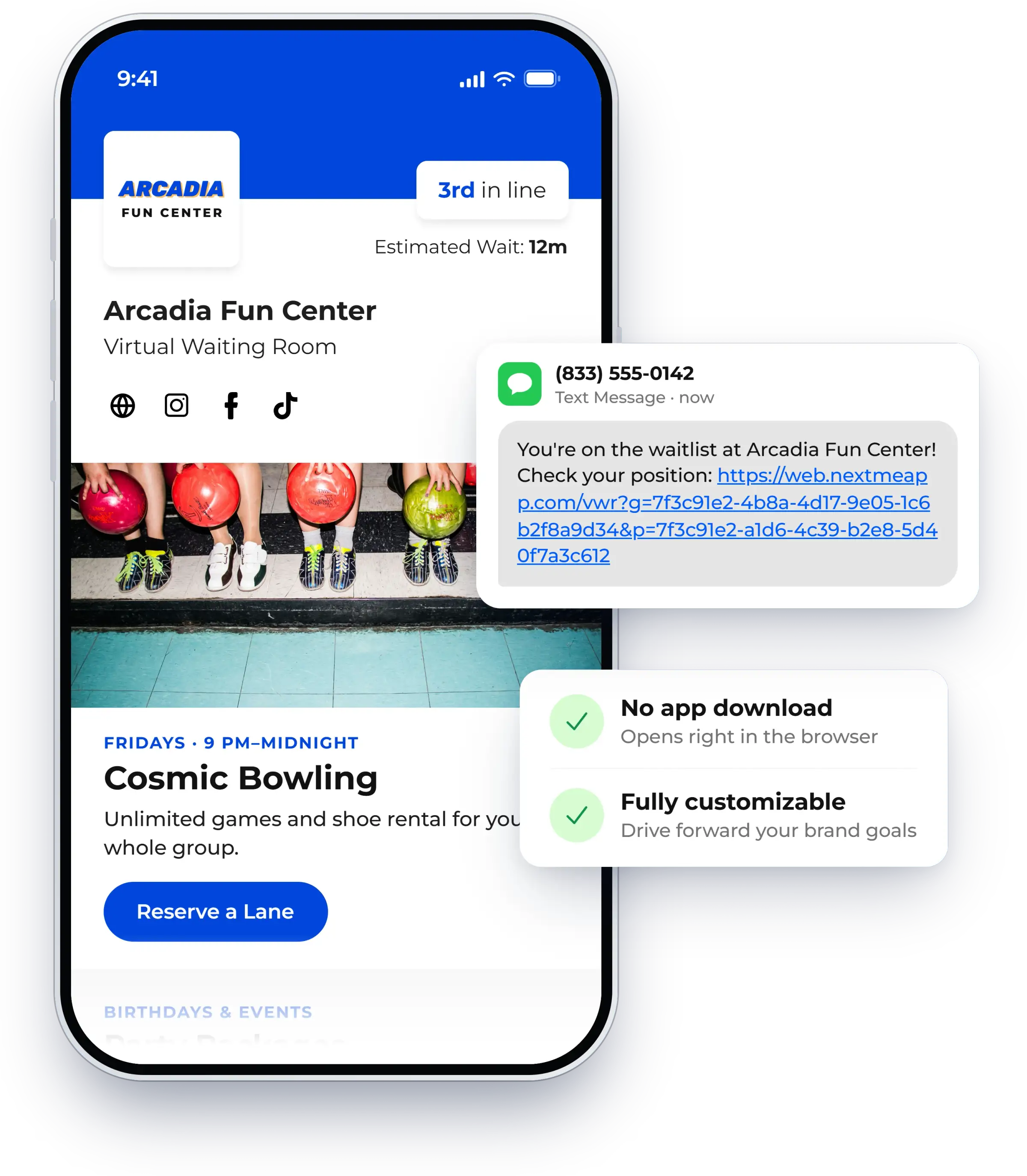 Virtual waiting room showing a guest their place in line on their phone, shown in NextMe for an entertainment venue