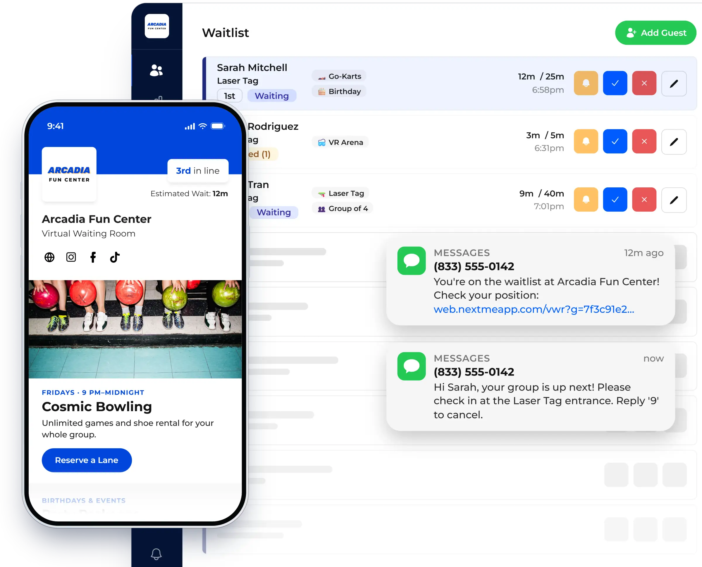 Waitlist dashboard with the virtual waiting room on a guest phone, shown in NextMe for an entertainment venue