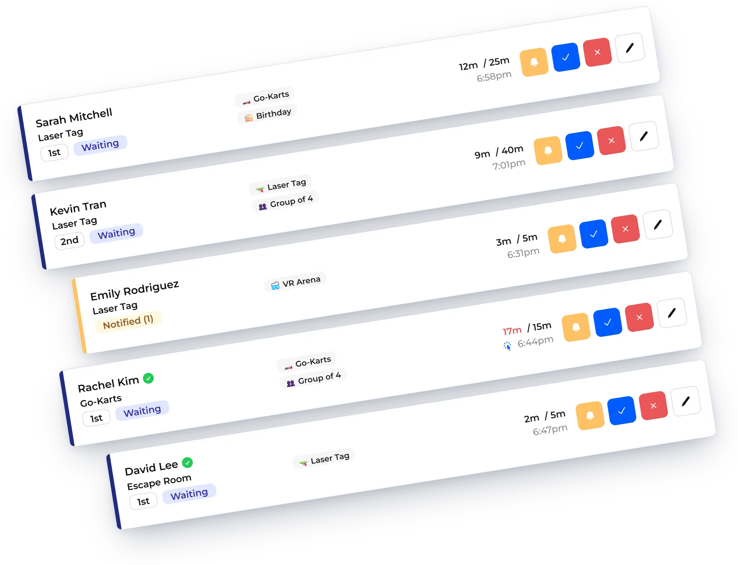 Tilted stack of waitlist entries, shown in NextMe for an entertainment venue