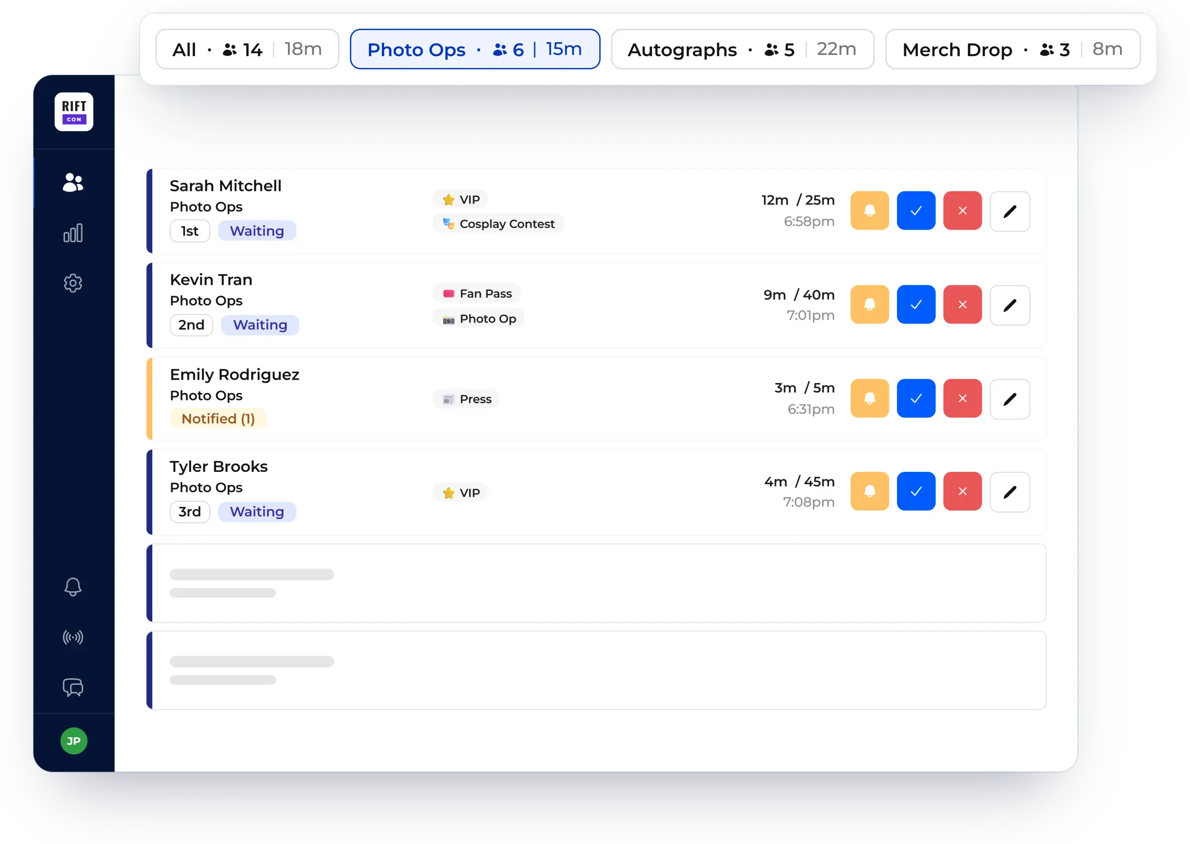 Multiple queues managed on one waitlist, shown in NextMe for an event