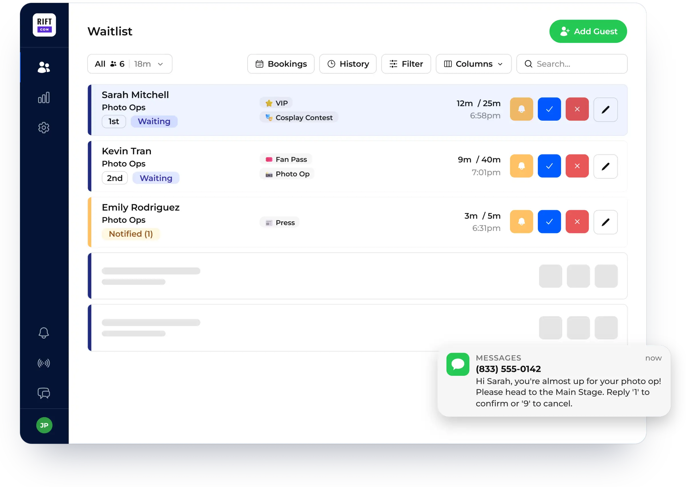 One-tap button that notifies a guest from the waitlist, shown in NextMe for an event