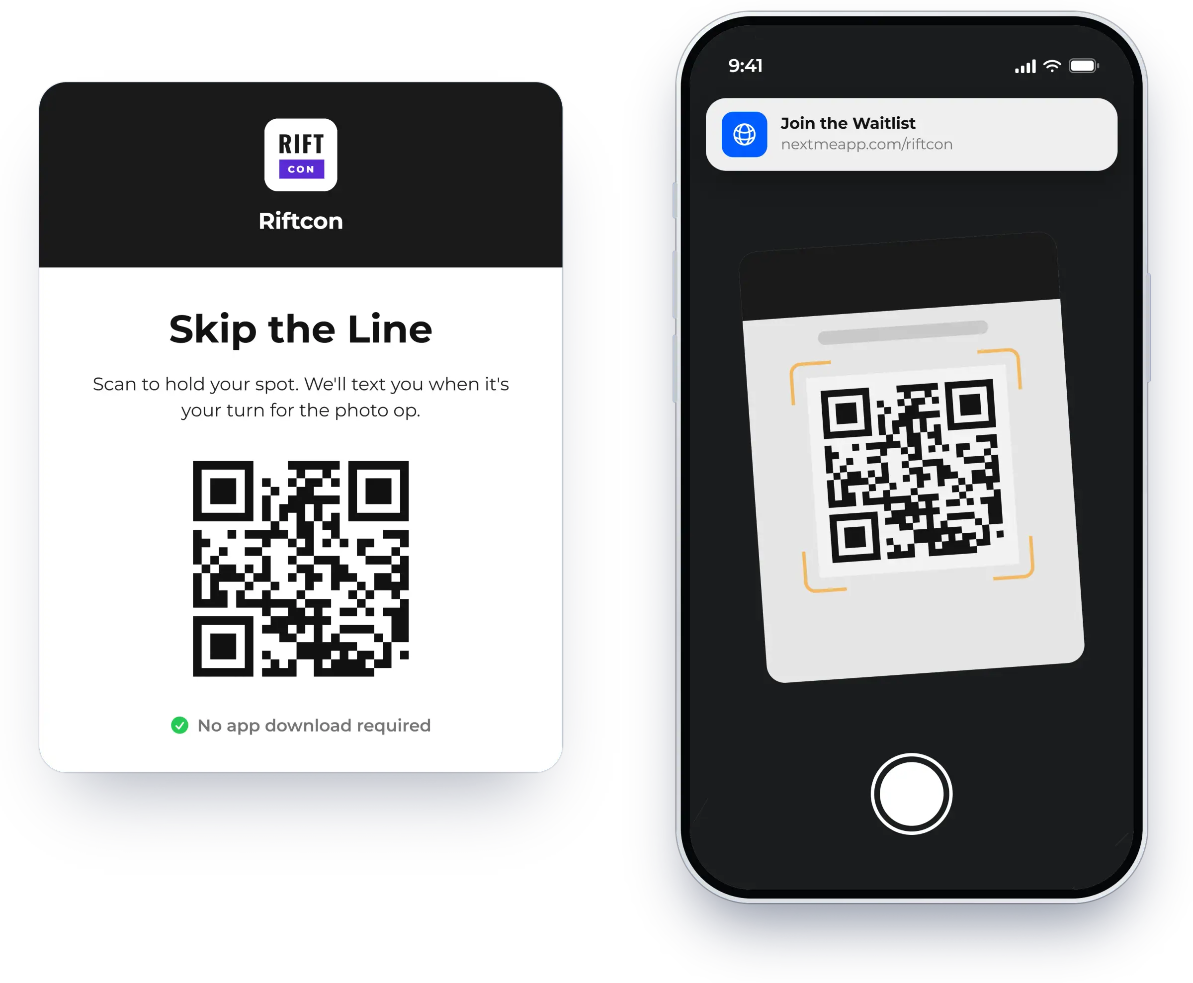 QR code sign that guests scan to join the waitlist, shown in NextMe for an event