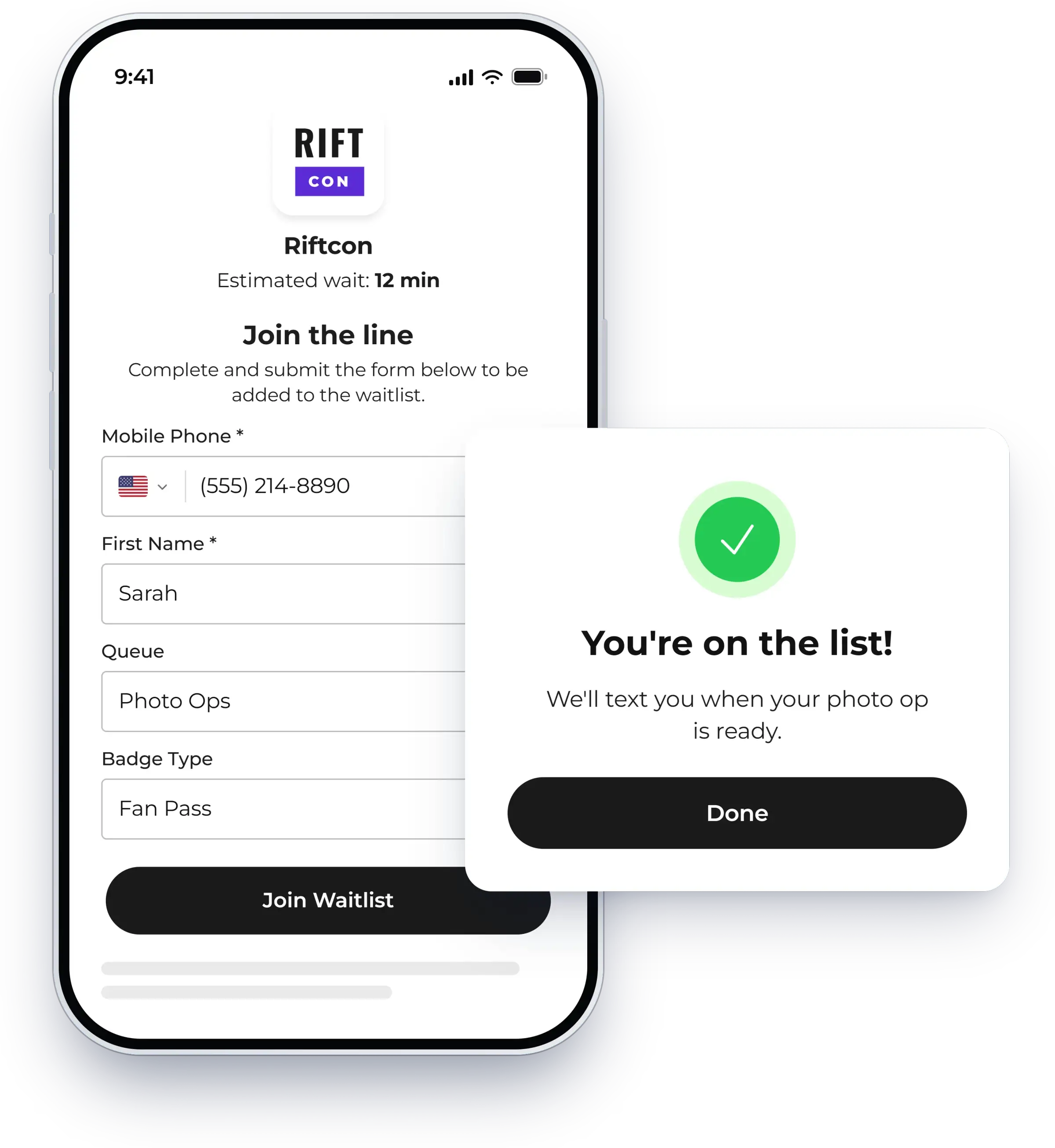 Self check-in form where guests join the waitlist from their phone, shown in NextMe for an event